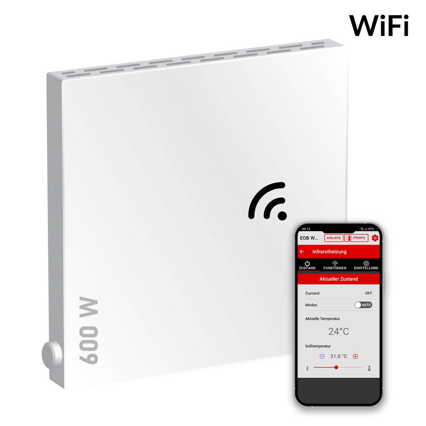 Weiße quadratische Hybrid-Heizung mit 600 W, seitlichem Bedienknopf und WiFi-Symbol, Smartphone mit Heizungs-App daneben.