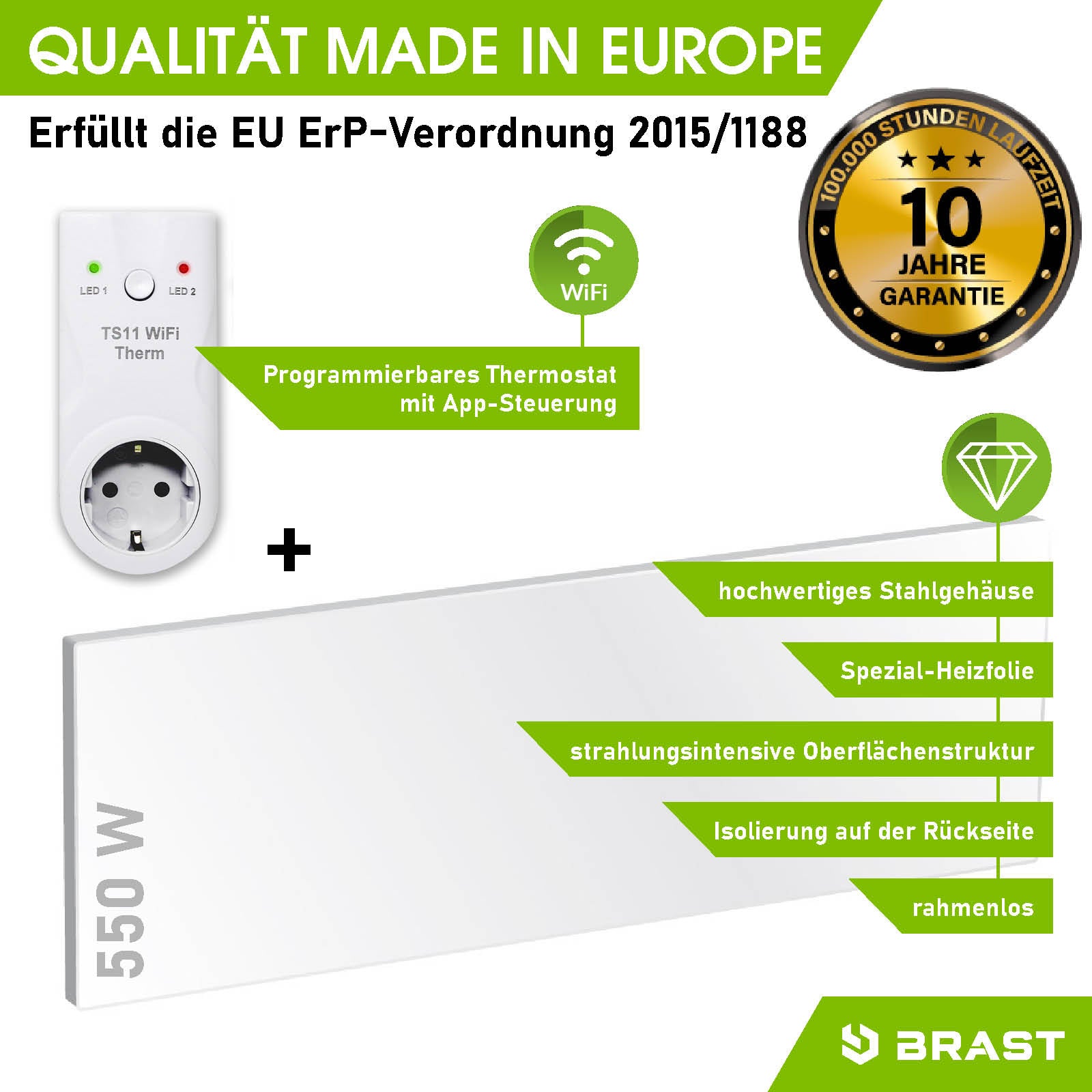 Weiße BRAST Infrarotheizung ISP 550 mit Wifi-Thermostat und 550 Watt Leistung.