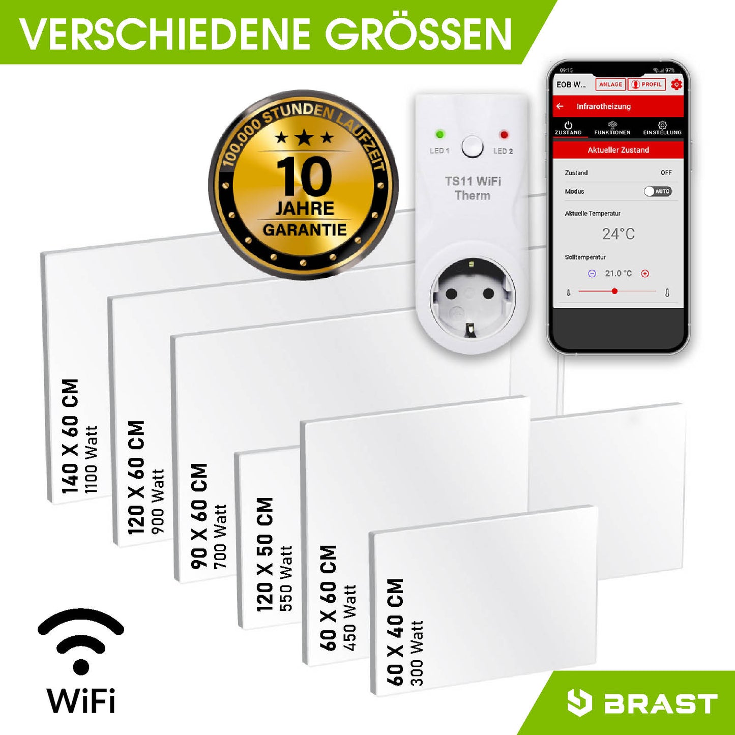 Vier weiße rechteckige Infrarotheizungen in verschiedenen Größen mit Wifi-Thermostat und Smartphone-App, 10 Jahre Garantie.