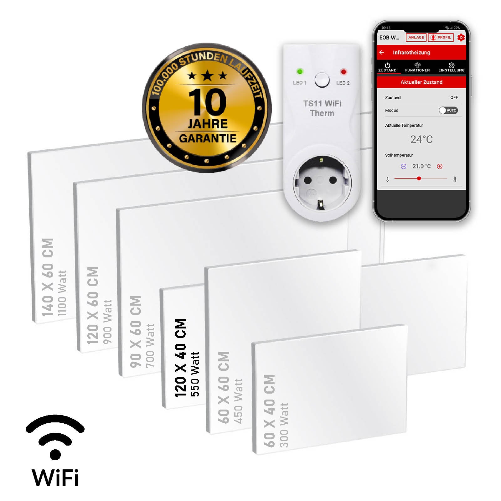 Weiße rechteckige Infrarotheizung in verschiedenen Größen mit Wifi-Thermostat und Smartphone-App-Bedienung.