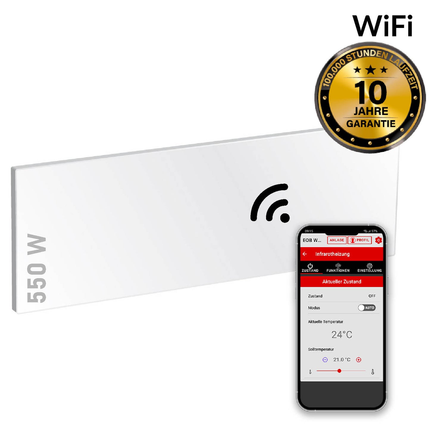 Weiße rechteckige Infrarotheizung 550 W mit Wifi-Symbol und Smartphone-Thermostat-App.