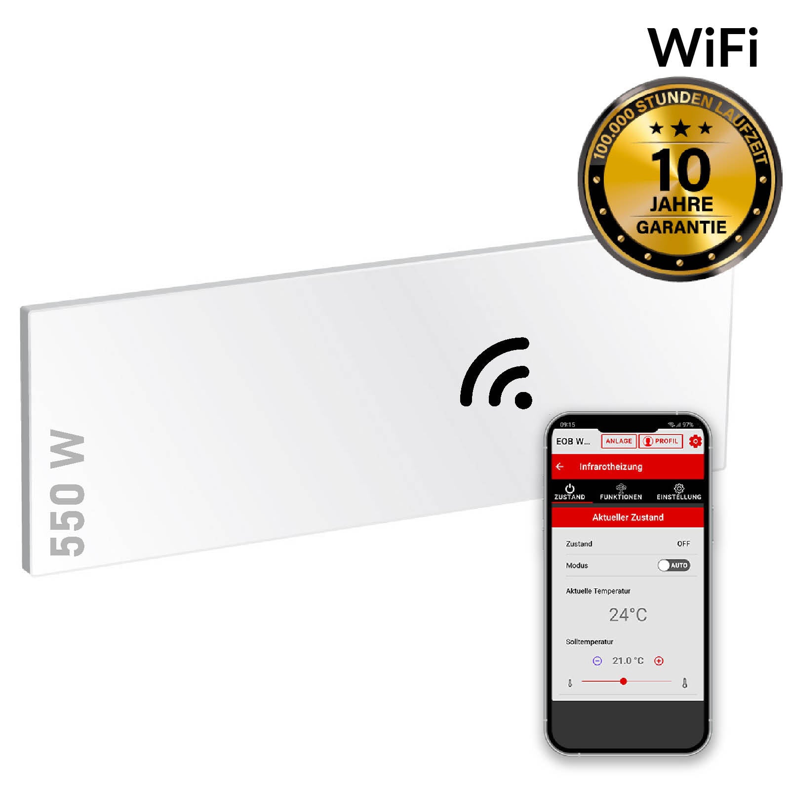 Weiße rechteckige Infrarotheizung 550 W mit Wifi-Symbol und Smartphone-Thermostat-App.