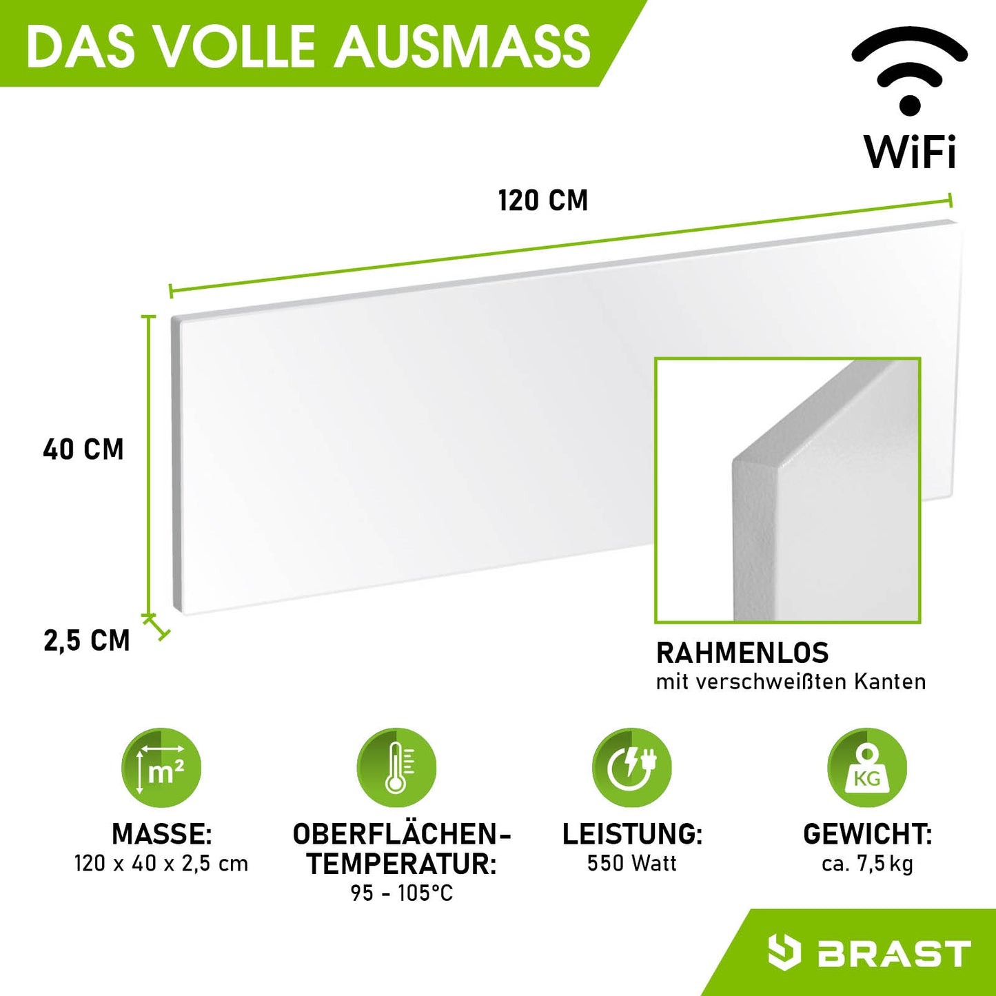 Weiße rahmenlose Infrarotheizung 120x40x2,5 cm mit glatter Oberfläche und Wifi-Symbol.