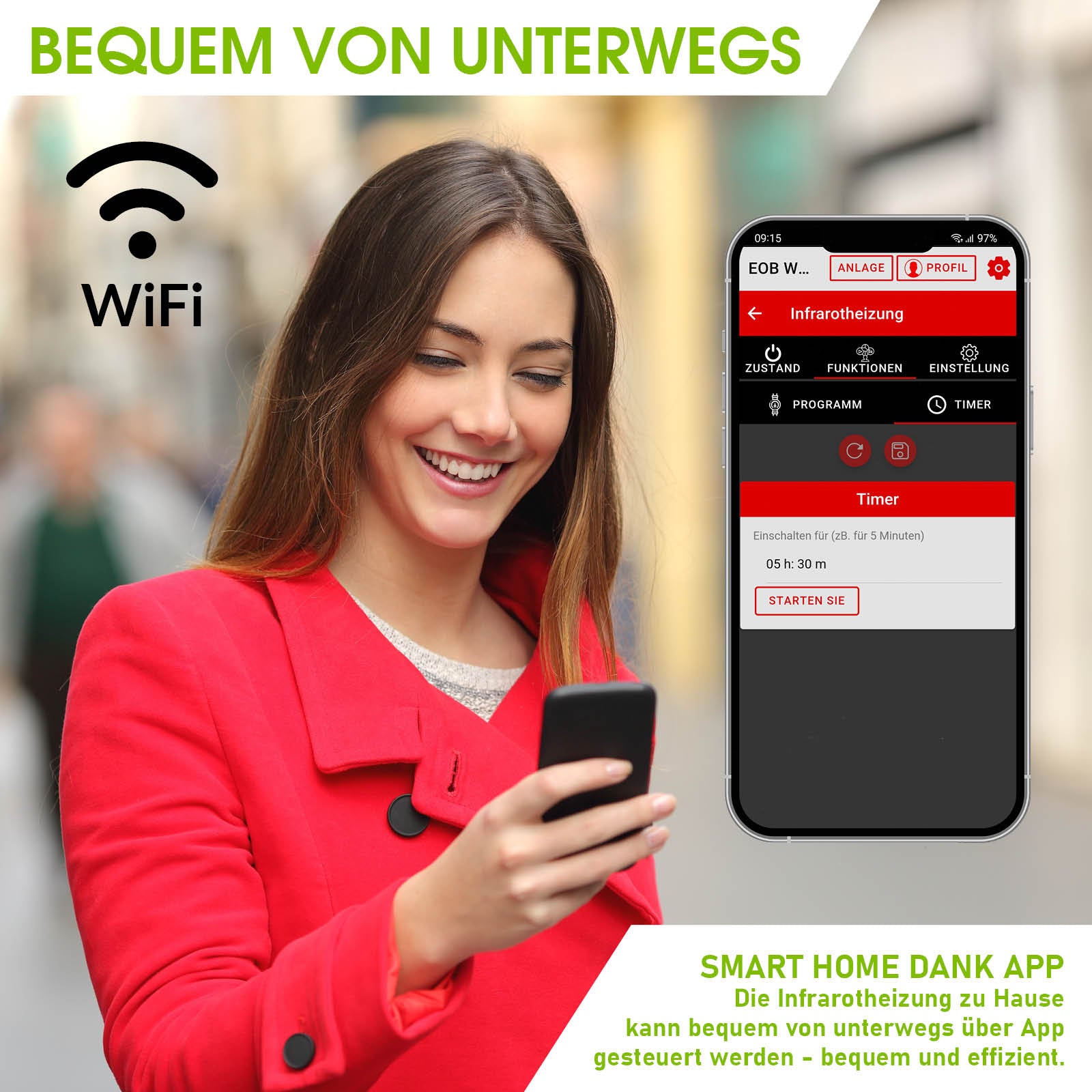 Frau in rotem Mantel steuert BRAST Infrarotheizung ISP 550 über Wifi-Thermostat-App auf Smartphone.