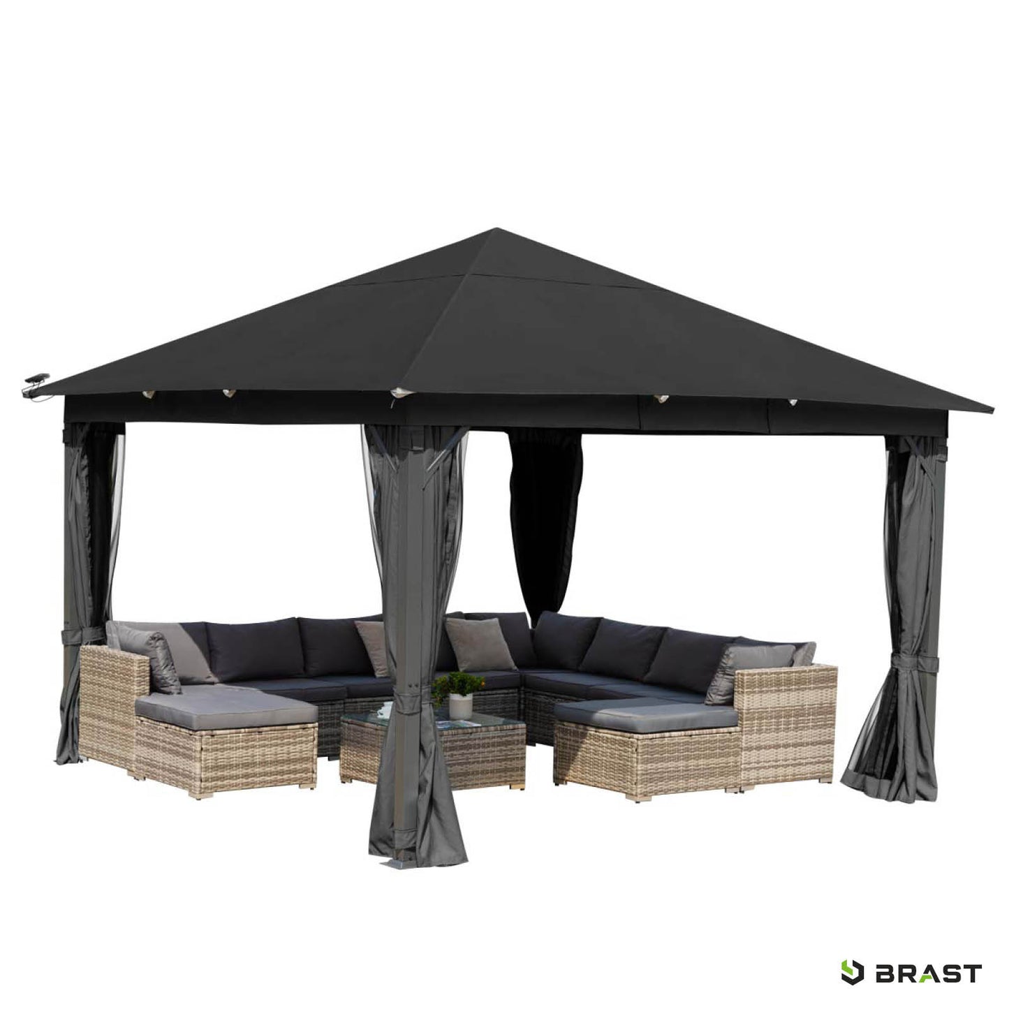 Dunkelgrauer Alu Gartenpavillon 3x4m mit stabiler, wasserdichter, winterfester Plane und integrierten LEDs, sturmfest und.
