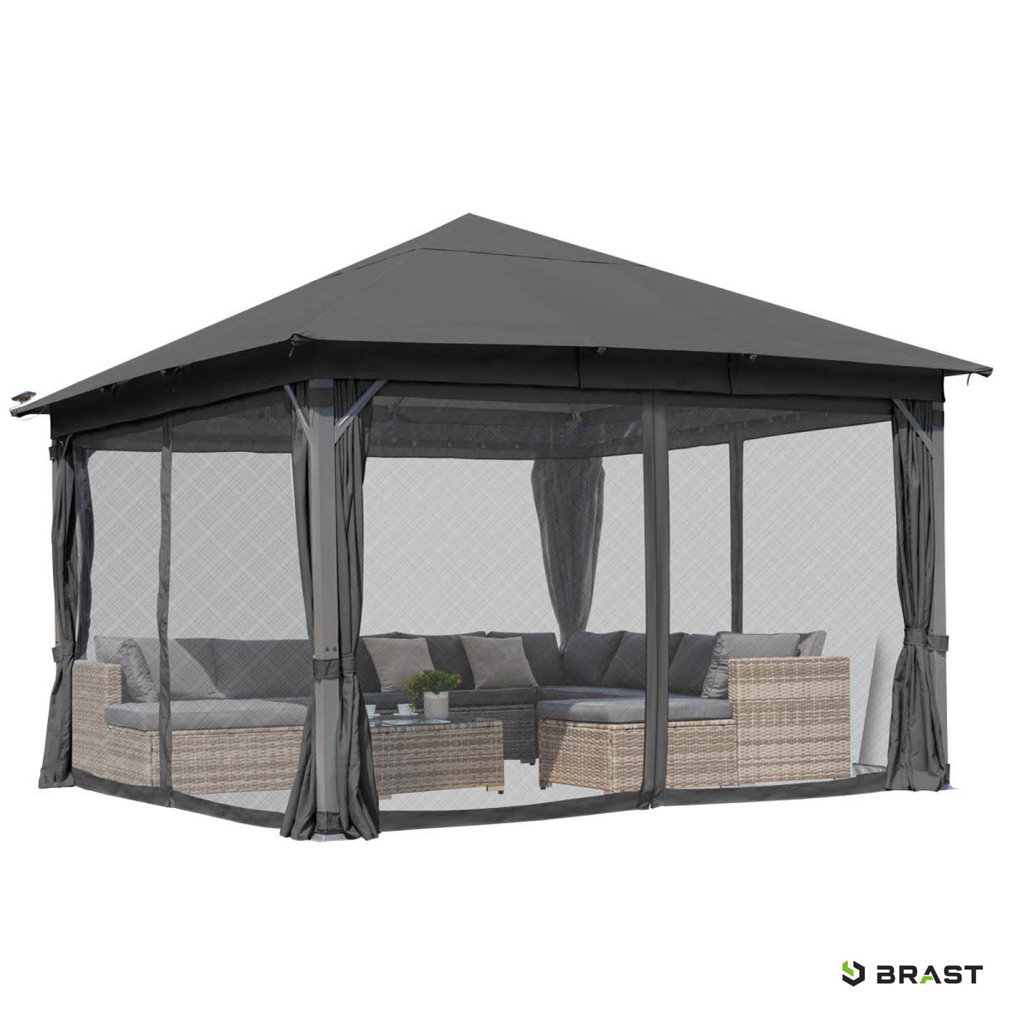 Dunkelgrauer Aluminium-Gartenpavillon 3x4m mit LED, sturmfest, winterfest, wasserdicht, stabil, ganzjährig nutzbar.