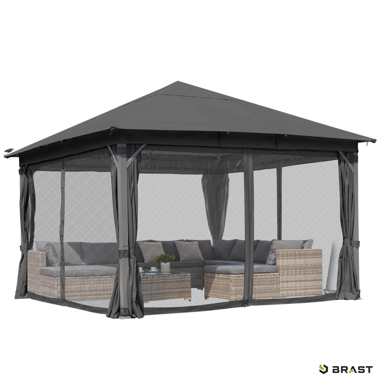 Dunkelgrauer Aluminium-Gartenpavillon 3x4m mit LED, sturmfest, winterfest, wasserdicht, stabil, ganzjährig nutzbar.