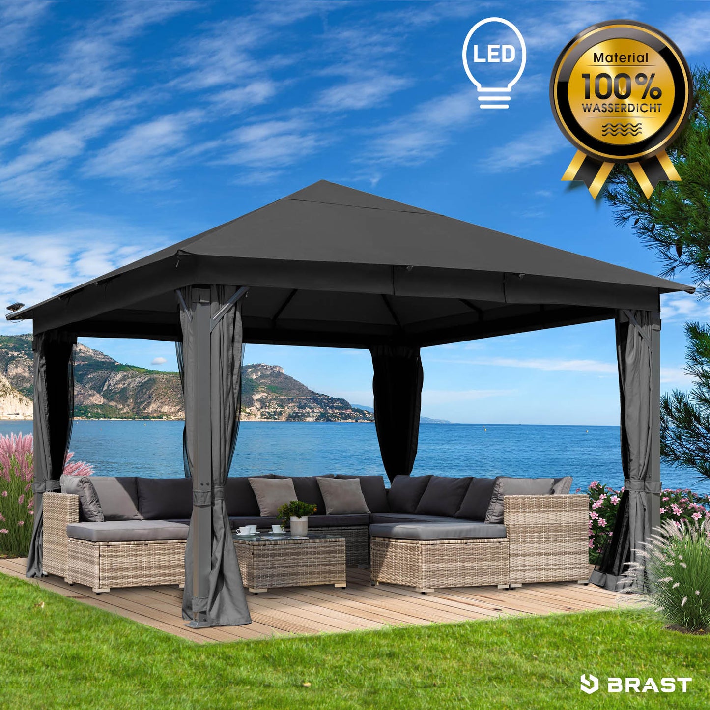 Dunkelgrauer Aluminium-Gartenpavillon 3x4m mit LED, sturmfest, winterfest, wasserdicht, stabil, ganzjährig nutzbar.