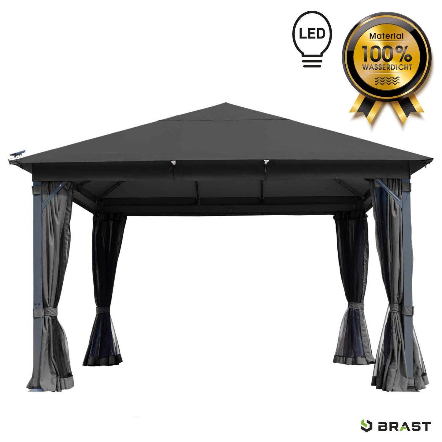 Dunkelgrauer Aluminium-Gartenpavillon 3x4m mit LED-Beleuchtung, sturmfest, winterfest, wasserdicht und ganzjährig stabil.