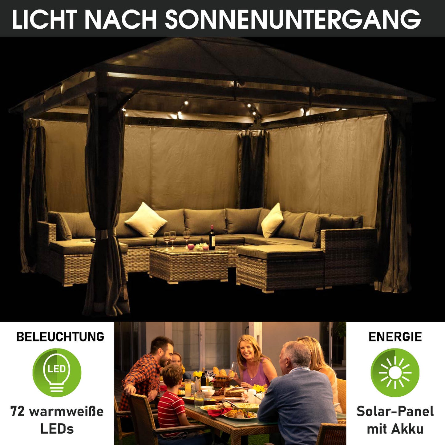 Dunkelgrauer Aluminium Gartenpavillon 3x4m mit LED-Beleuchtung, wasserdicht, stabil, ganzjährig nutzbar, winterfest und.