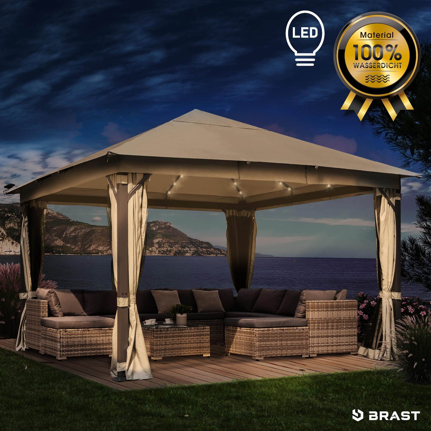 Beiger Aluminium-Gartenpavillon 3x4m mit LEDs, wasserdicht, sturmfest und winterfest, stabil und ganzjährig nutzbar.