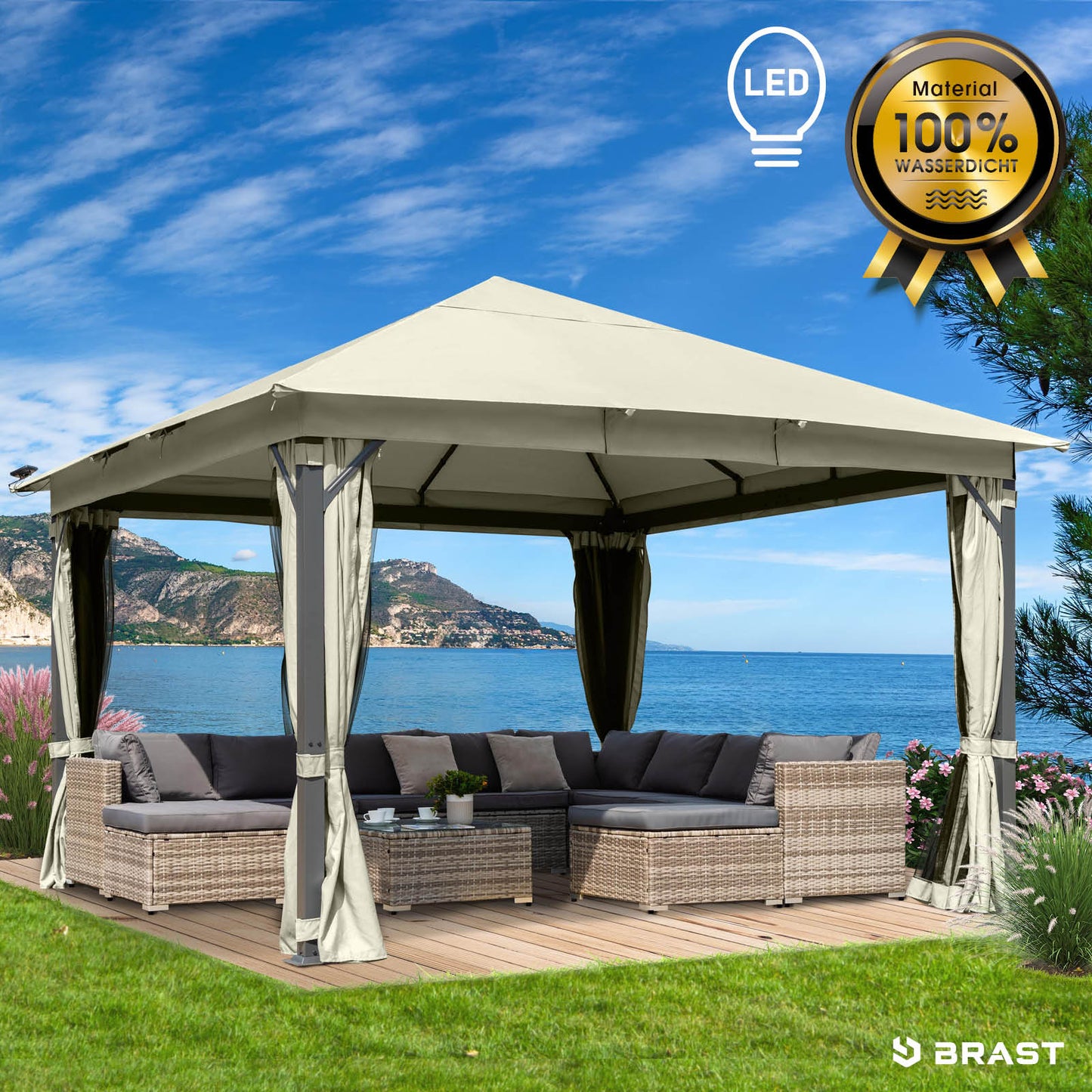 Beiger Alu Gartenpavillon 3x4m mit LED-Beleuchtung, stabil, wasserdicht und winterfest, geeignet für alle Jahreszeiten.