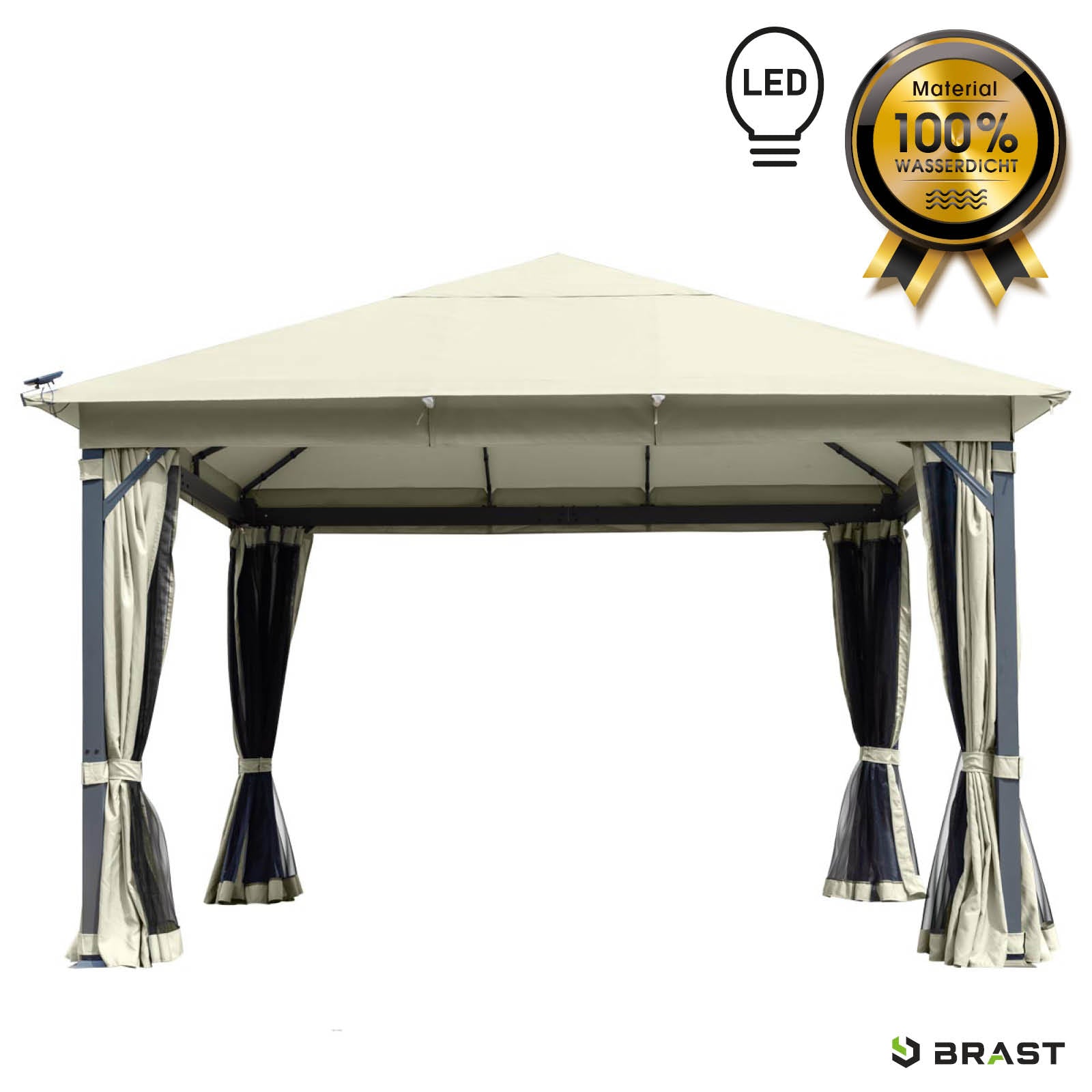 Beiger Aluminium Gartenpavillon 3x4m mit LED, wasserdicht, sturmfest, stabil und winterfest, ganzjährig nutzbar.