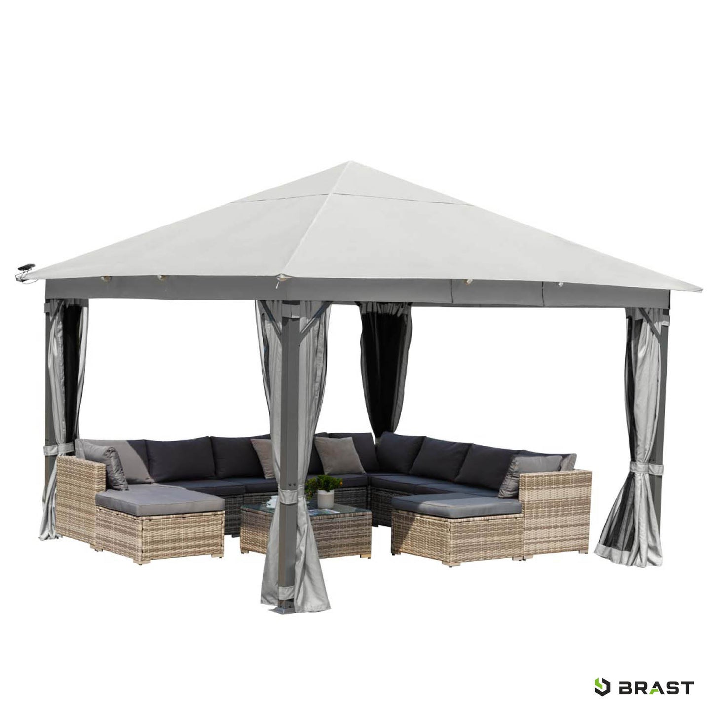 Hellgrauer Alu Gartenpavillon 3x4m mit LEDs, sturmfest, winterfest, wasserdicht und ganzjährig stabil.
