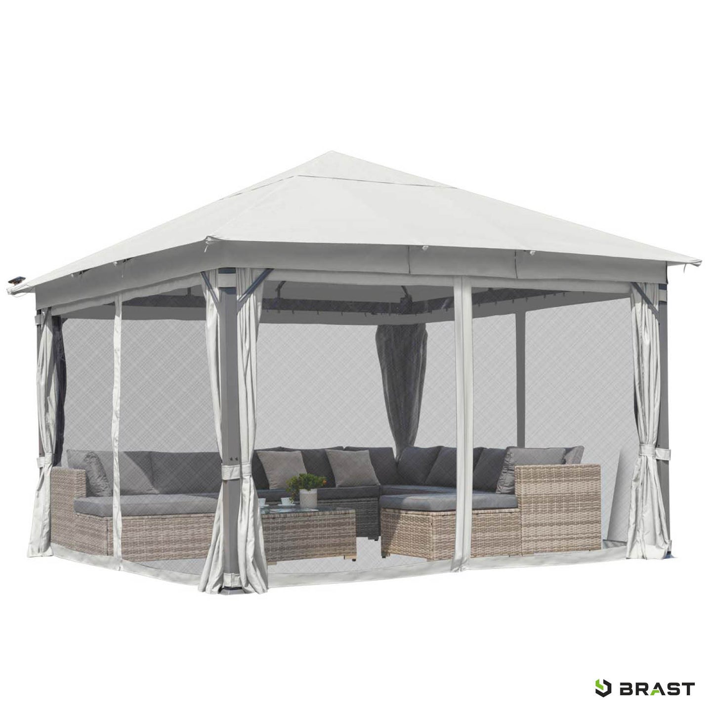 Hellgrauer Aluminium-Gartenpavillon 3x4m mit Moskitonetz, sturmfest, winterfest, wasserdicht und stabil, inkl.