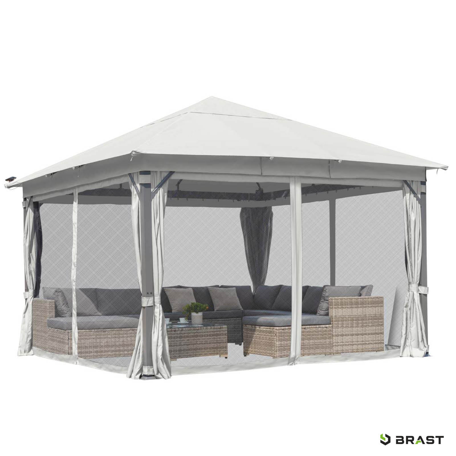Hellgrauer Aluminium-Gartenpavillon 3x4m mit Moskitonetz, sturmfest, winterfest, wasserdicht und stabil, inkl.