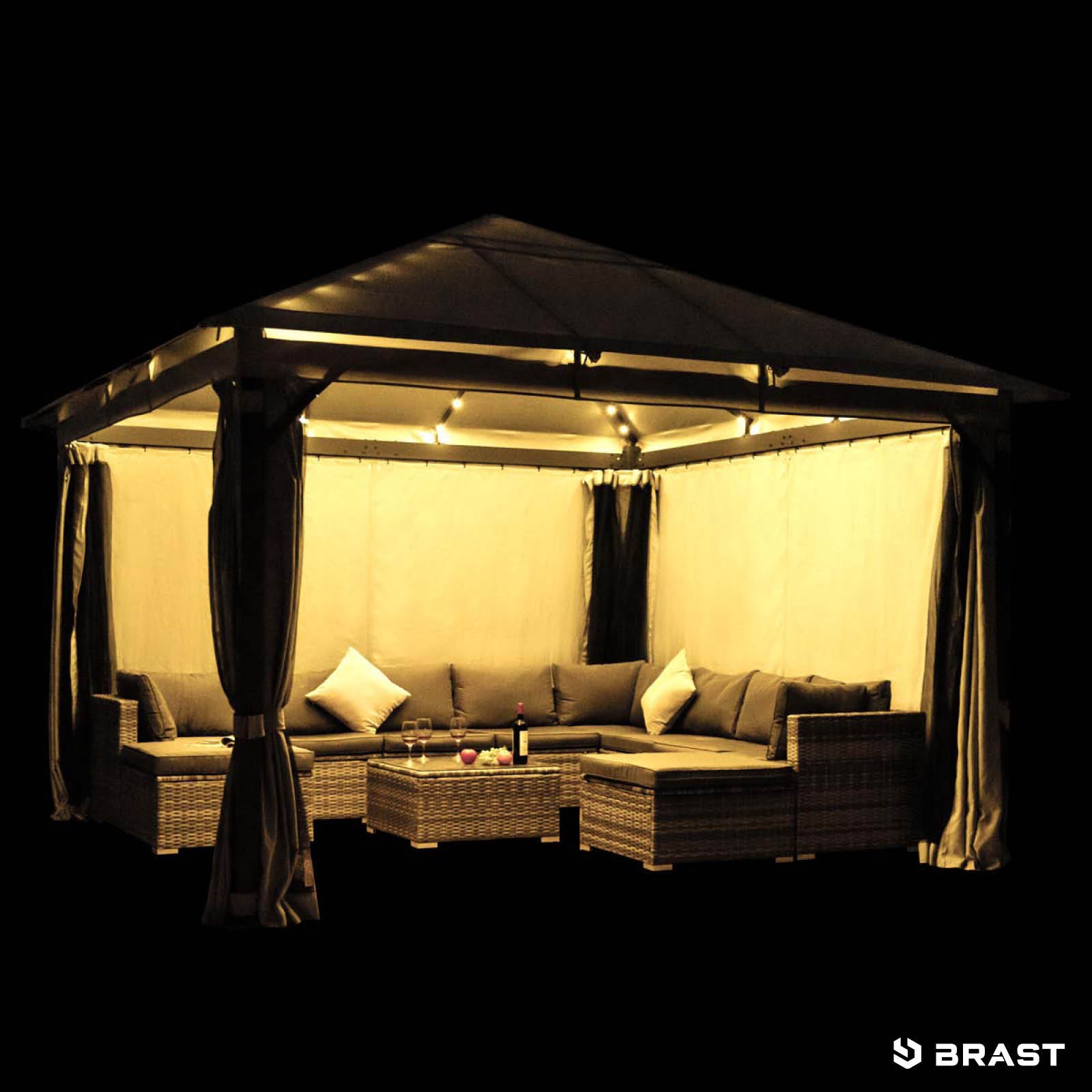 Hellgrauer Aluminium-Gartenpavillon 3x4m mit LED-Beleuchtung, wasserdicht, stabil, winterfest und sturmfest.