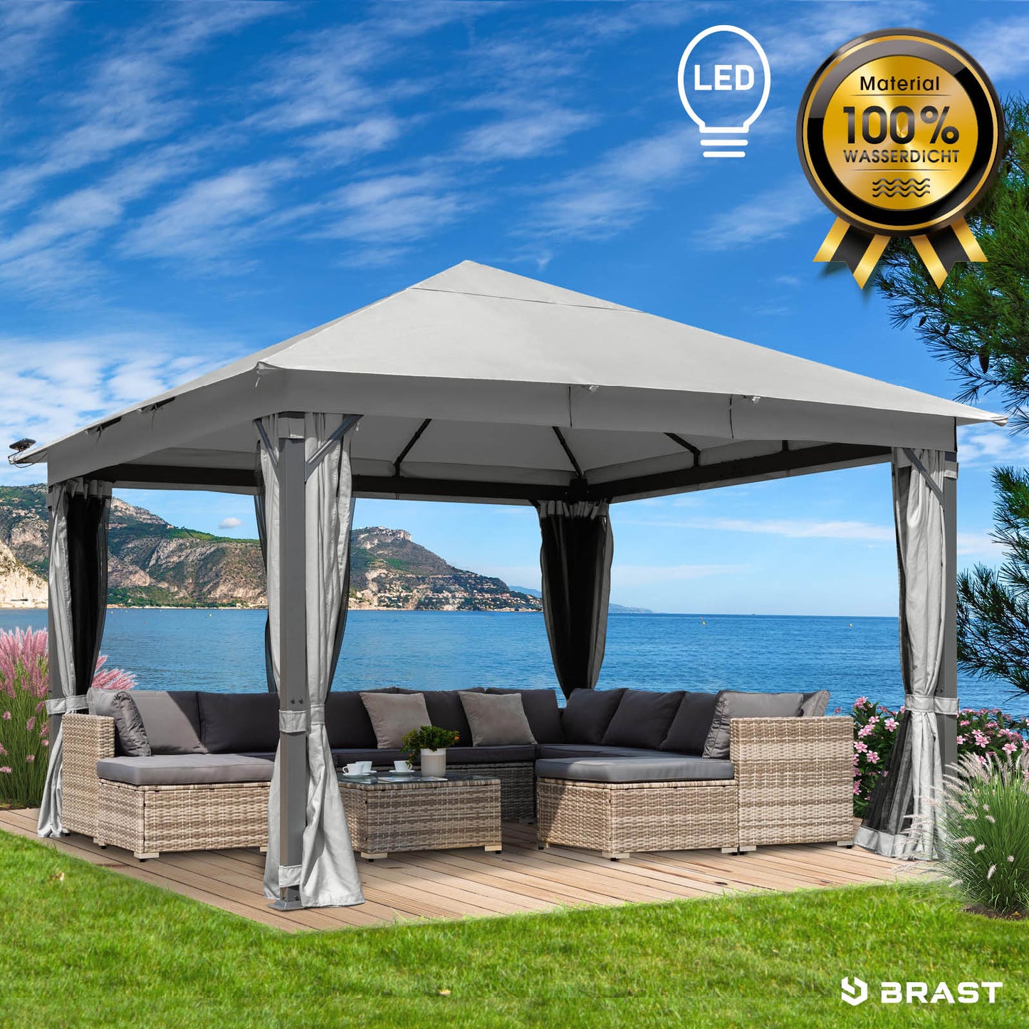 Hellgrauer Alu Gartenpavillon 3x4m mit LED-Beleuchtung, wasserdicht, sturmfest und winterfest, stabil und ganzjährig nutzbar.