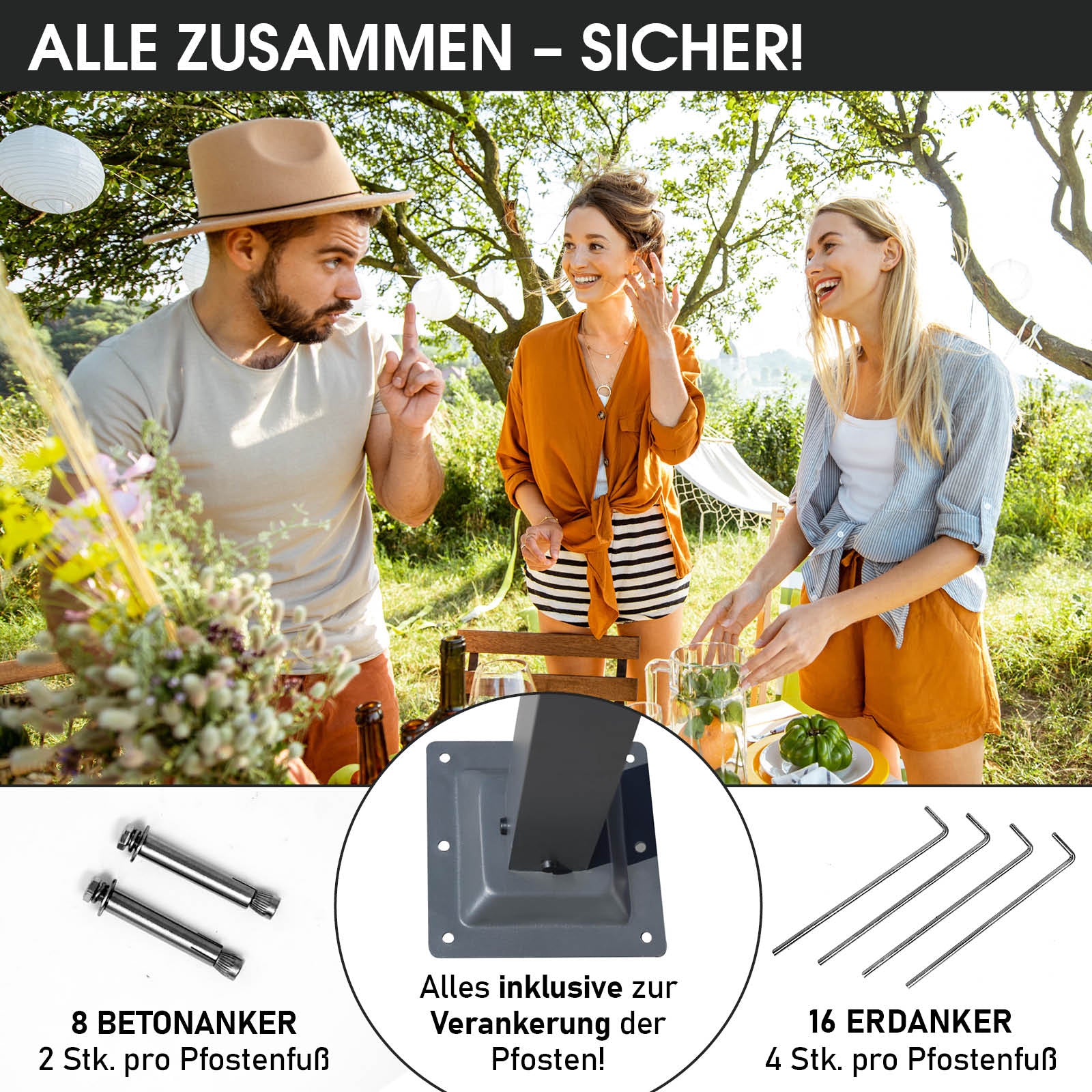 Dunkelgrauer Alu Gartenpavillon 4x4m mit LED, stabil, sturmfest, winterfest, ganzjährig nutzbar, wasserdicht.