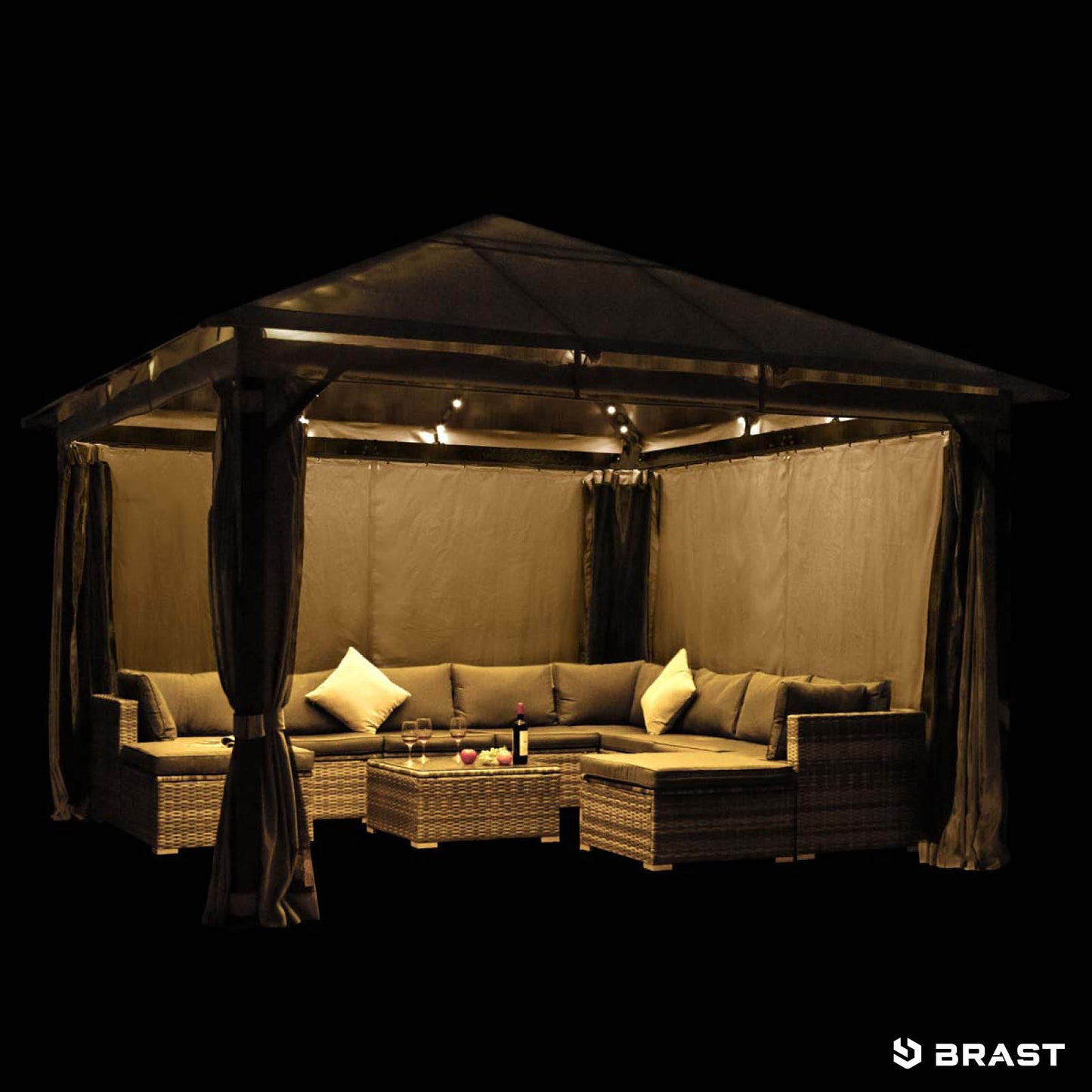 Dunkelgrauer Aluminium Gartenpavillon 4x4m mit LED-Beleuchtung, wasserdicht und stabil, ganzjährig nutzbar, sturm- und.