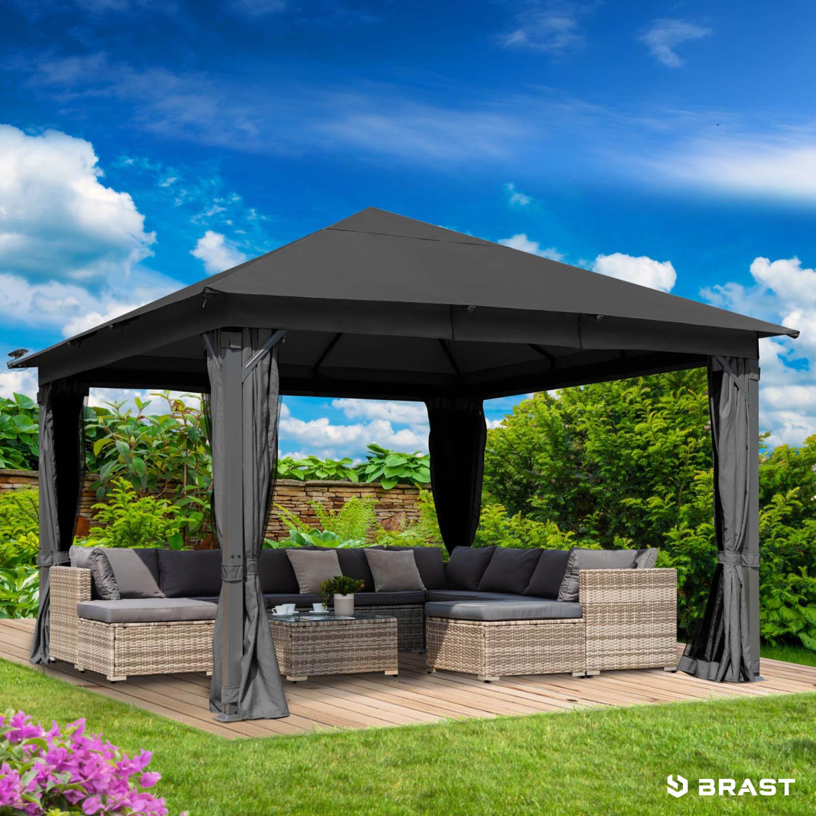 Dunkelgrauer Alu Gartenpavillon 4x4m mit LED-Beleuchtung, wasserdicht, stabil, sturmfest und winterfest, ganzjährig nutzbar.