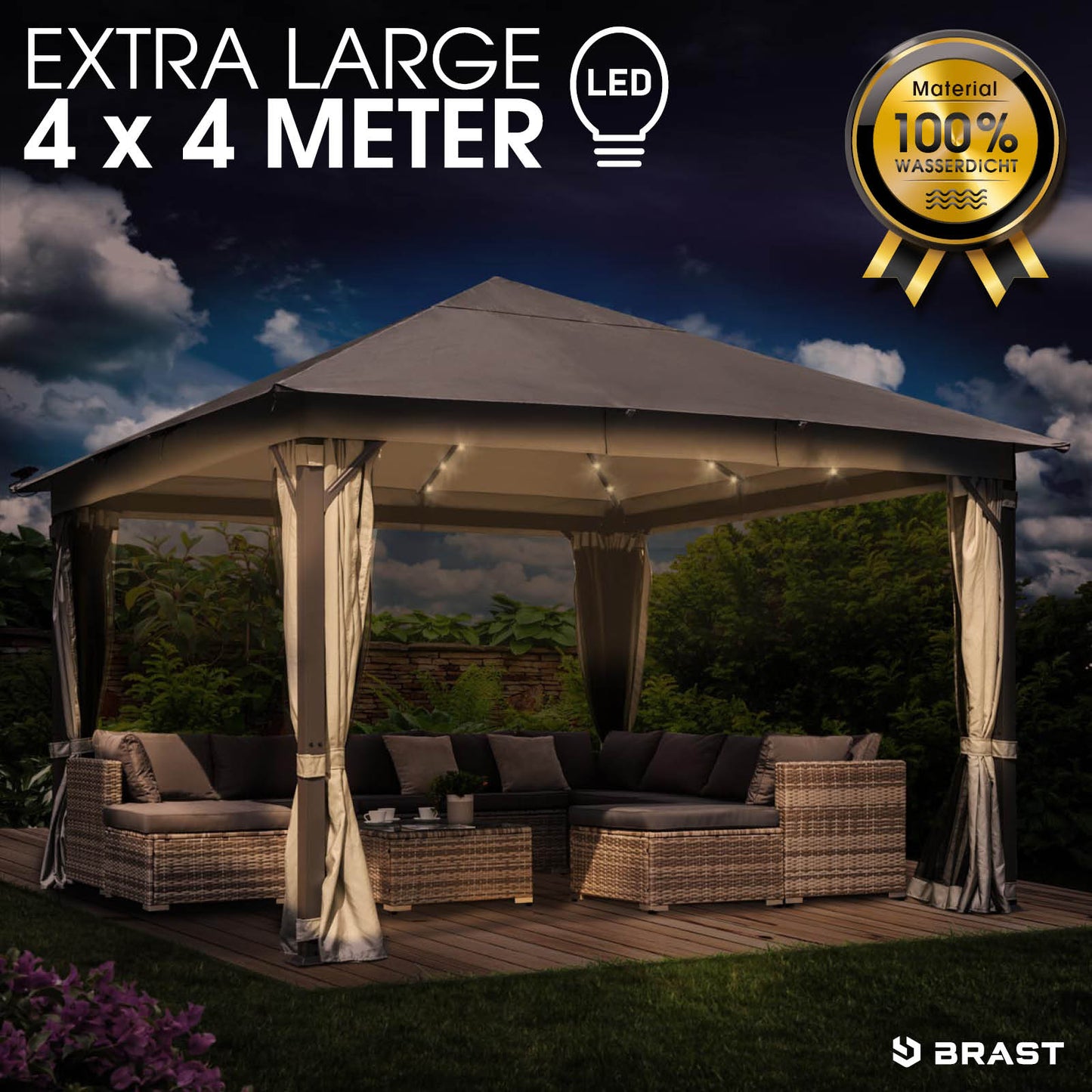Beiger Aluminium Gartenpavillon 4x4 m mit LED-Beleuchtung, wasserdicht, sturmfest und winterfest, stabil für ganzjährigen.