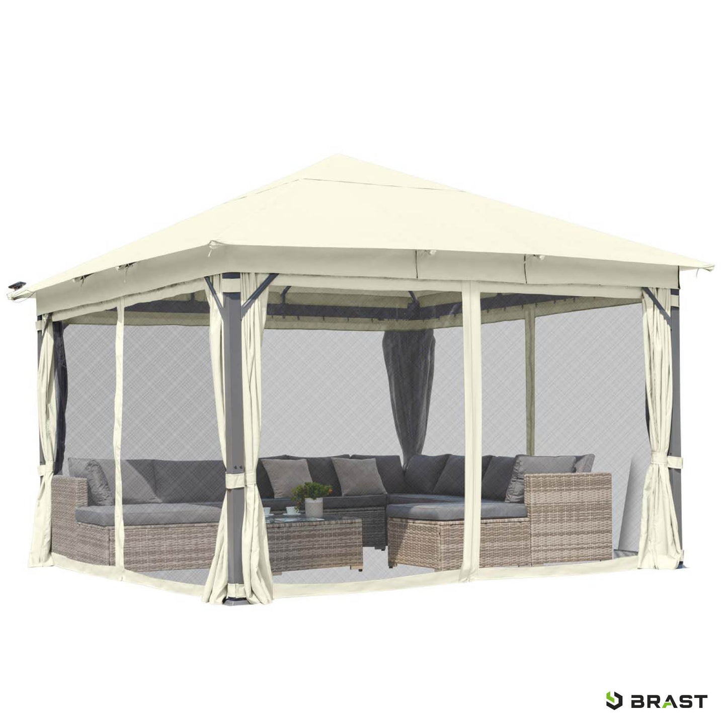 Beiger Aluminium-Gartenpavillon 4x4 m mit Moskitonetz, sturmfest, winterfest und wasserdicht, ganzjährig nutzbar.