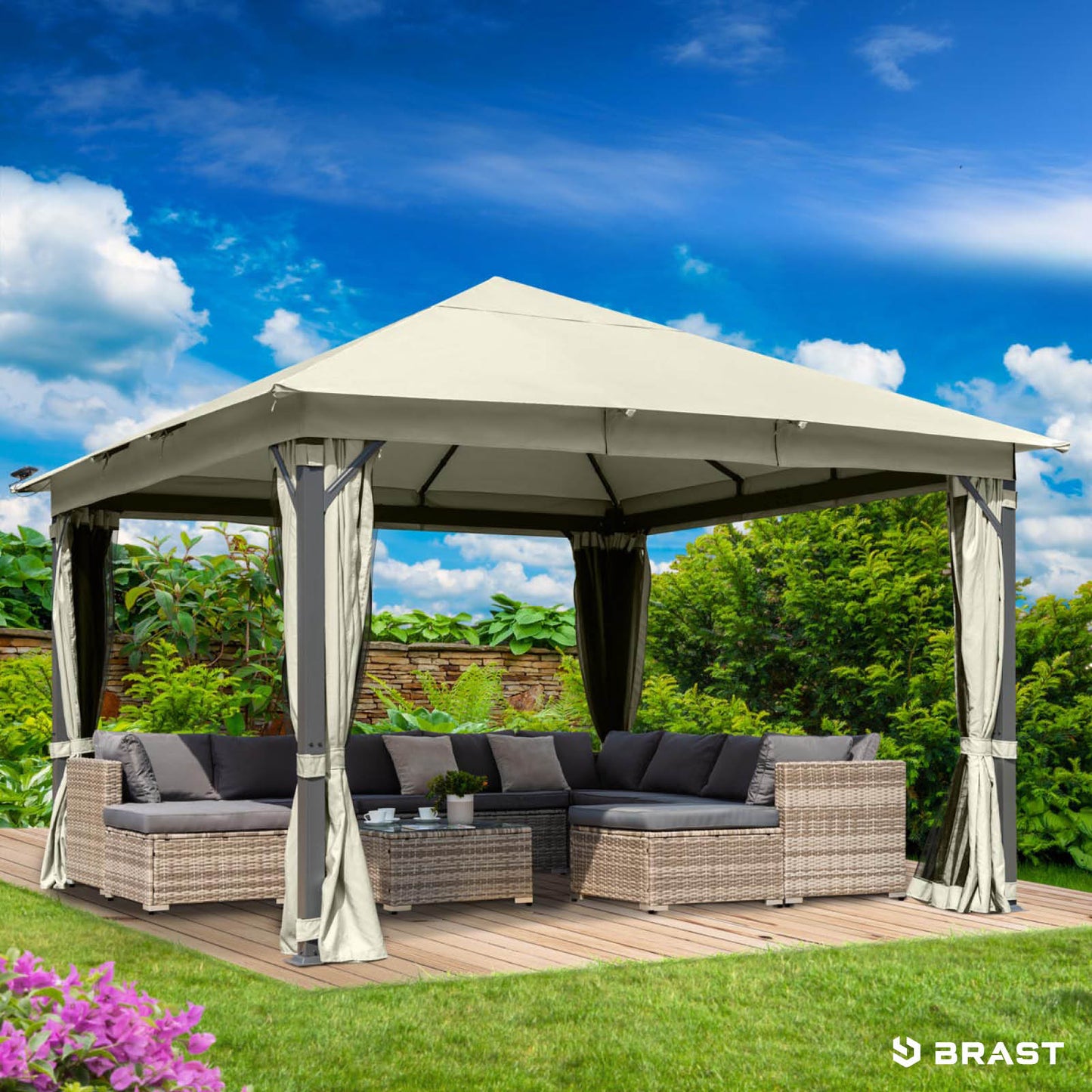 Beiger Alu Gartenpavillon 4x4 m mit LED-Beleuchtung, stabil, wasserdicht, ganzjährig und winterfest.