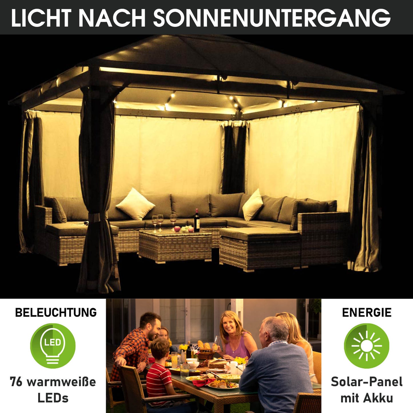 Beiger Aluminium-Gartenpavillon 4x4 m mit warmweißen LEDs, sturmfest, winterfest, wasserdicht, ganzjährig stabil.