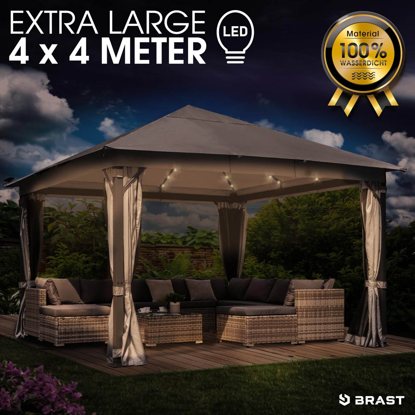 Hellgrauer Aluminium Gartenpavillon 4x4m mit LED-Beleuchtung, sturmfest und winterfest, ganzjährig nutzbar, wasserdicht und.