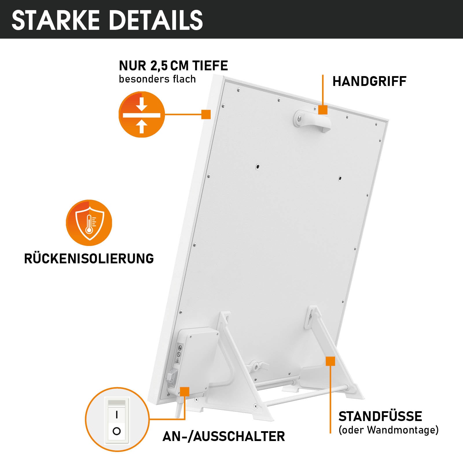 Weißes, flaches Infrarotheizgerät mit Handgriff, Standfüßen und Ein-/Ausschalter auf der Rückseite.