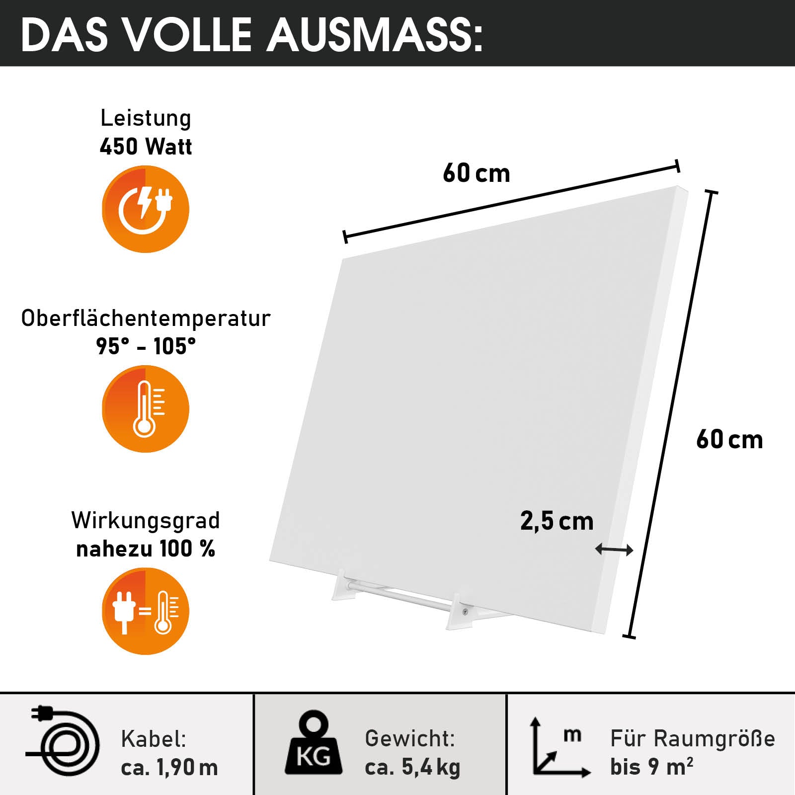 Quadratische weiße Infrarotheizung 60x60 cm mit 2,5 cm Stärke, 450 Watt Leistung, 1,9 m Kabel.