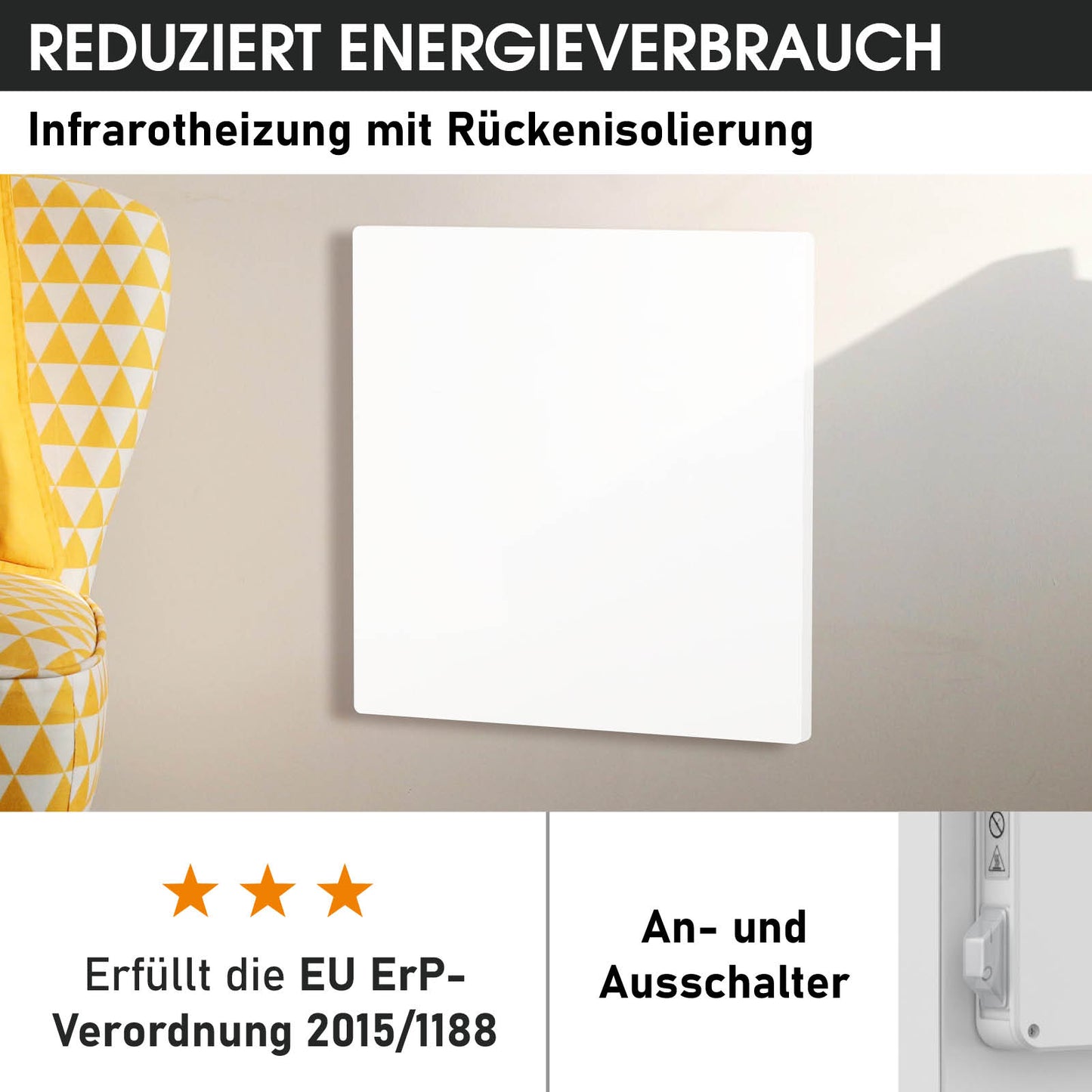 Weißes quadratisches Wandheizelement mit glatter Oberfläche und integriertem An- und Ausschalter.