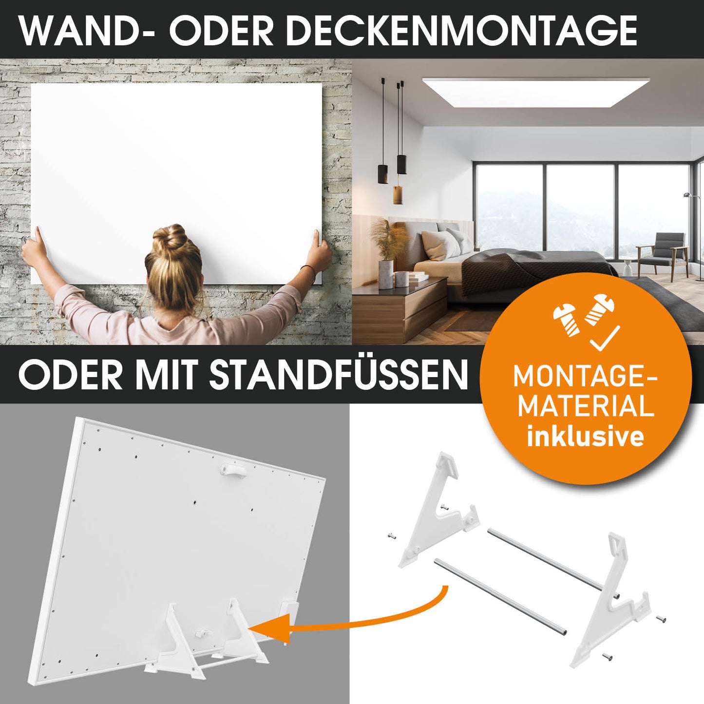 Weiße BRAST Infrarotheizung mit Wand- und Deckenmontage oder Standfüßen, Montagezubehör inklusive.