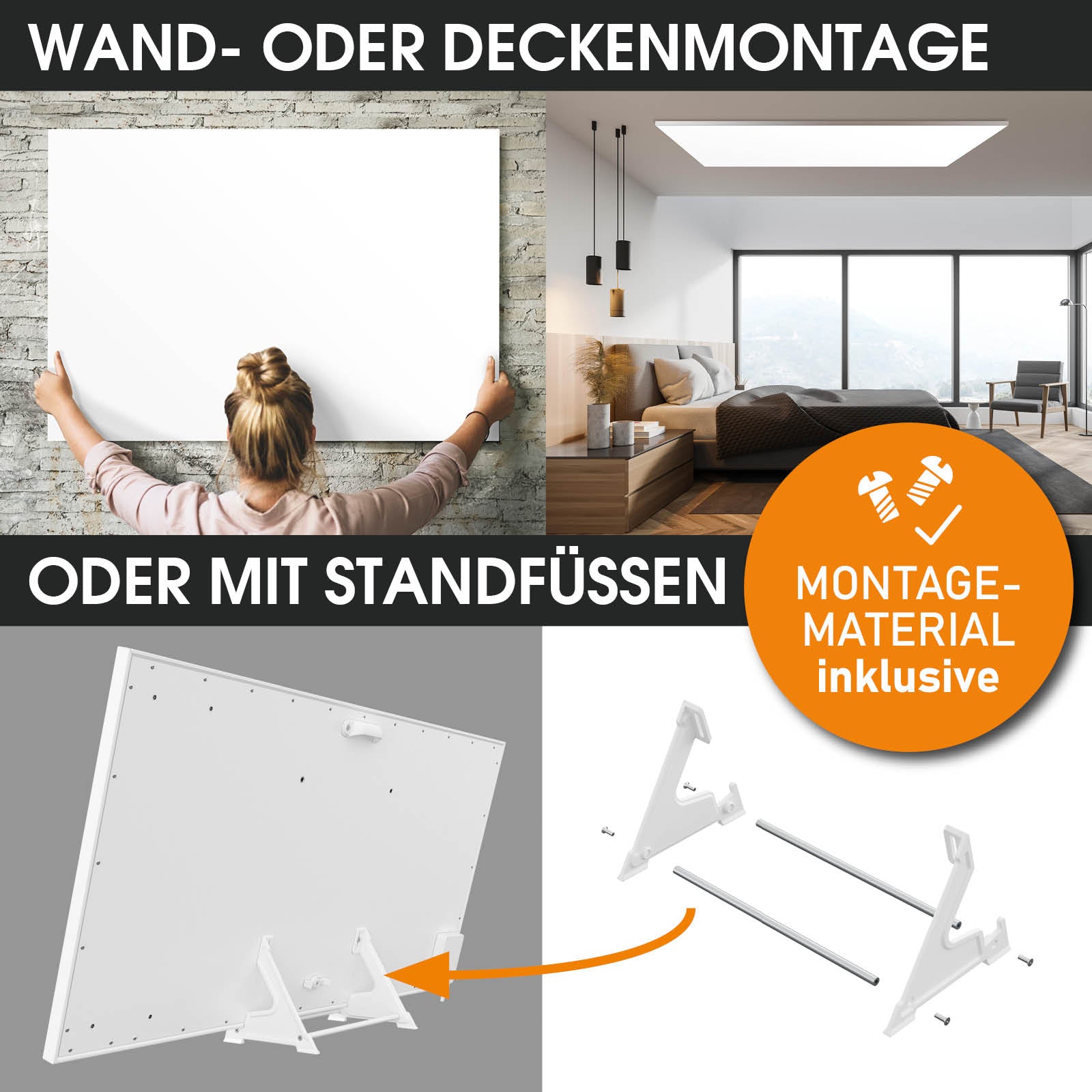 Weiße BRAST Infrarotheizung mit Wand- und Deckenmontage oder Standfüßen, Montagezubehör inklusive.