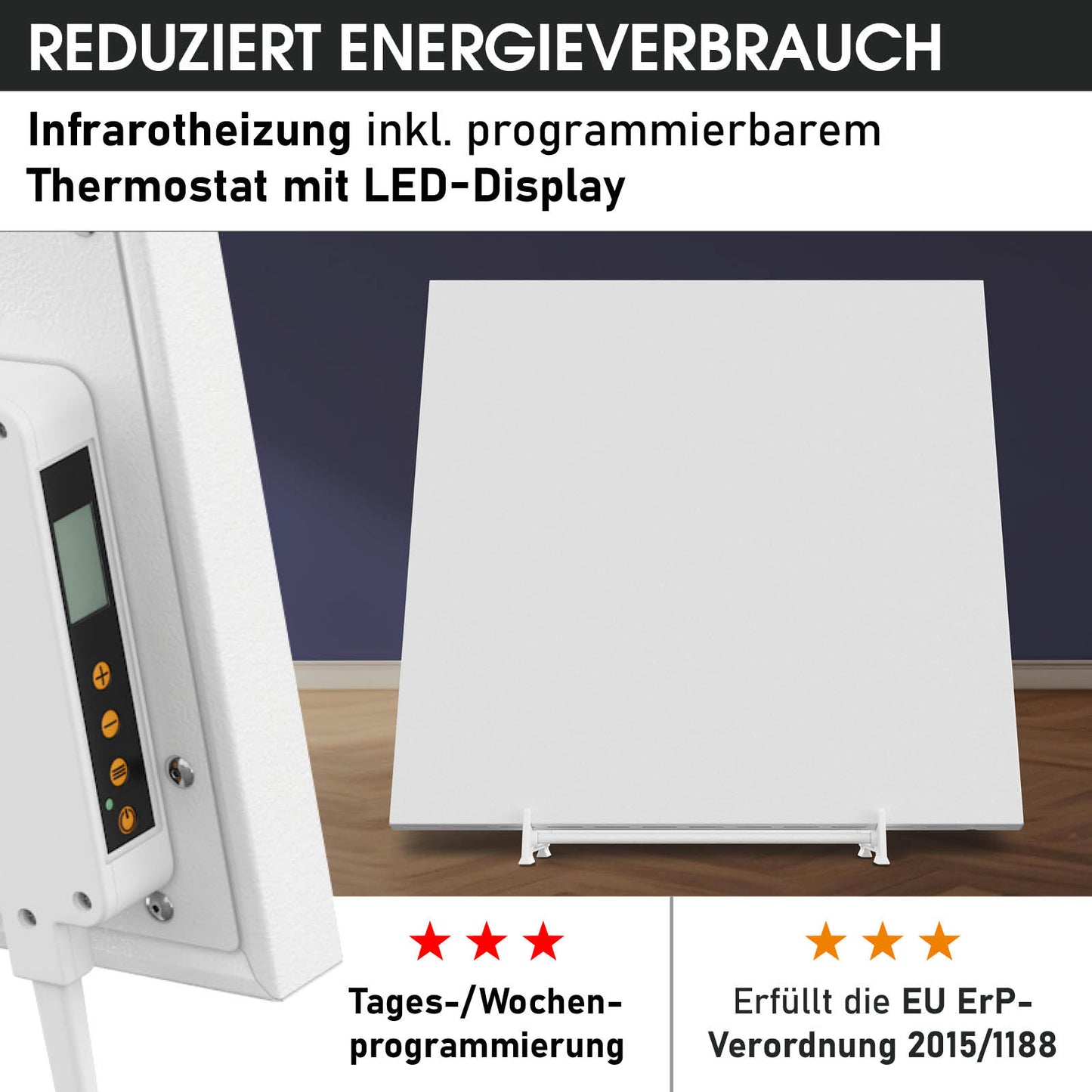 Weißes Infrarotheizgerät mit Standfuß und digitalem LED-Thermostatdisplay, quadratisch.