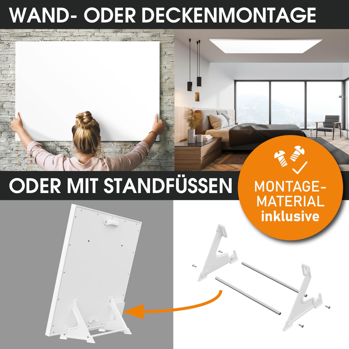 Weißes rechteckiges Infrarotheizgerät mit Standfüßen und Wandmontageoption.