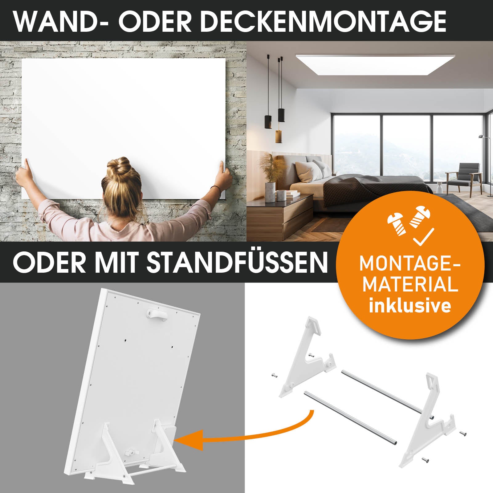 Weißes rechteckiges Infrarotheizgerät mit Standfüßen und Wandmontageoption.