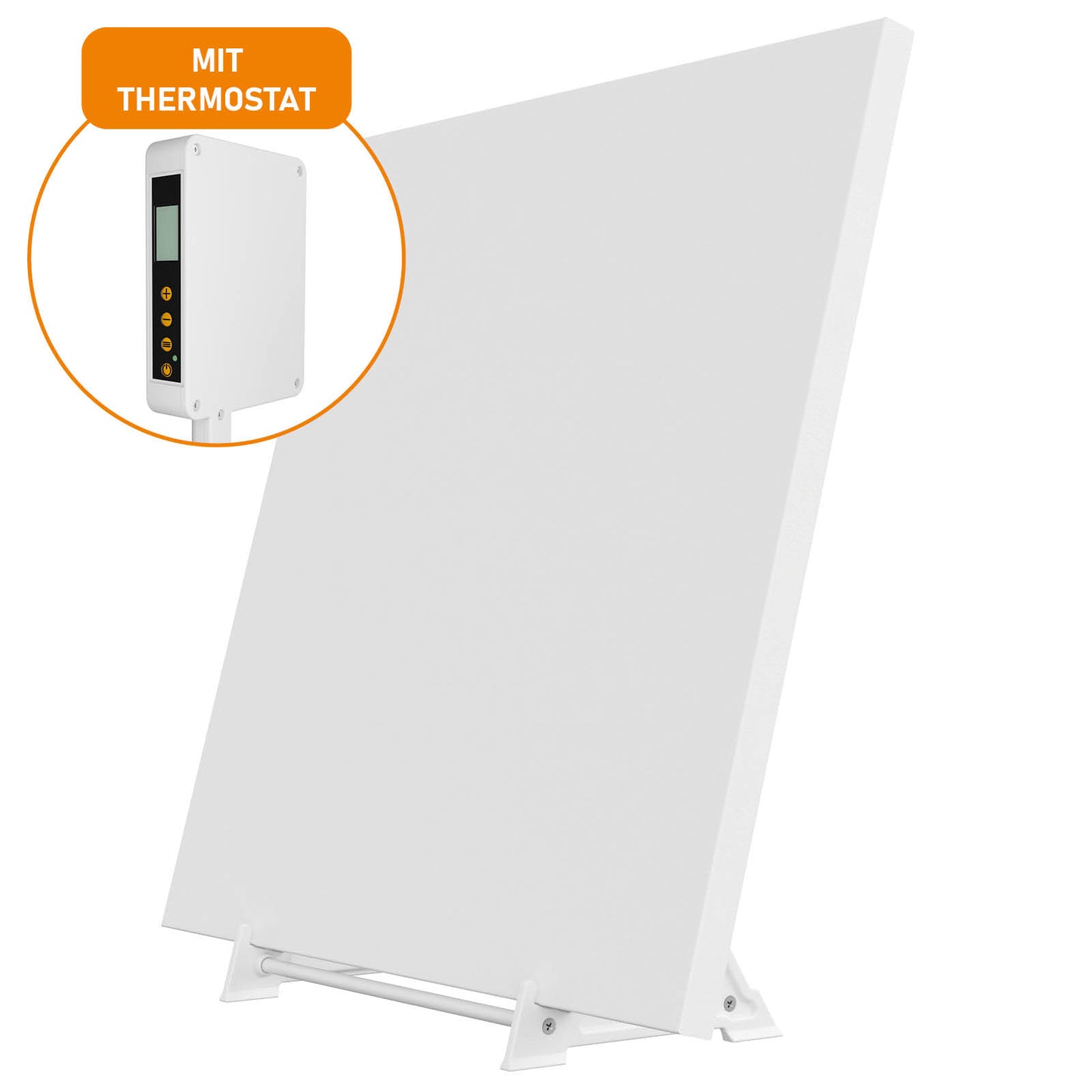 Weißes, rechteckiges Infrarotheizungs-Standgerät mit schlankem Design und integriertem Thermostatdisplay.