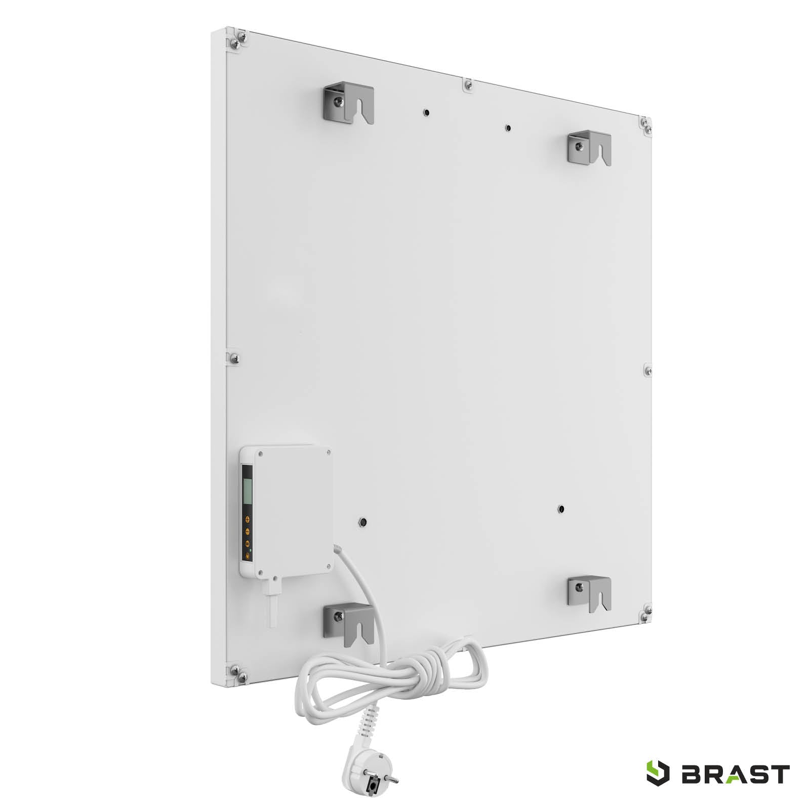 Weiße quadratische Infrarotheizung mit Thermostat und Montagesockeln, Rückansicht.