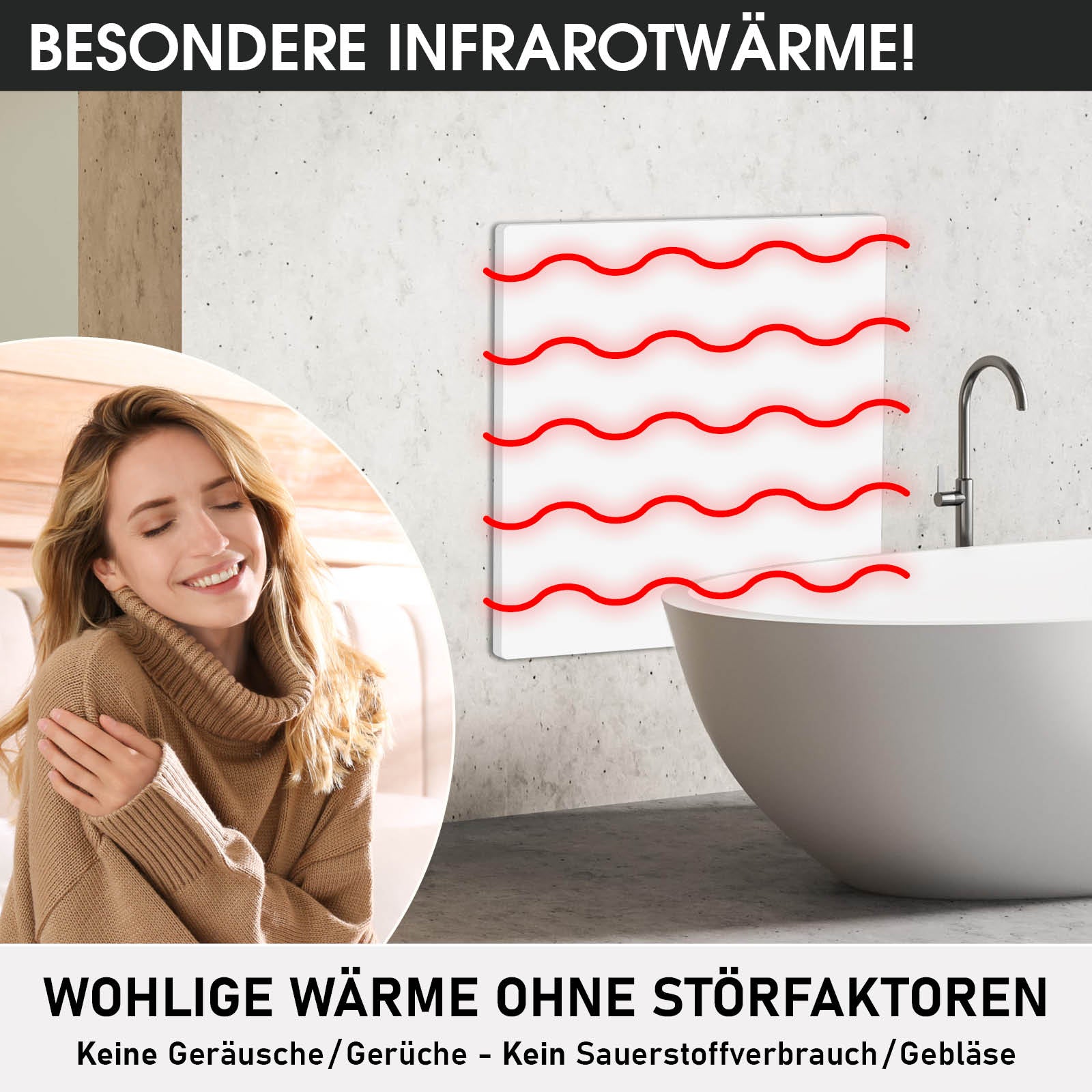 Weißes Infrarotheizkörper-Standgerät mit Thermostat vor moderner Badezimmerwand und Badewanne.