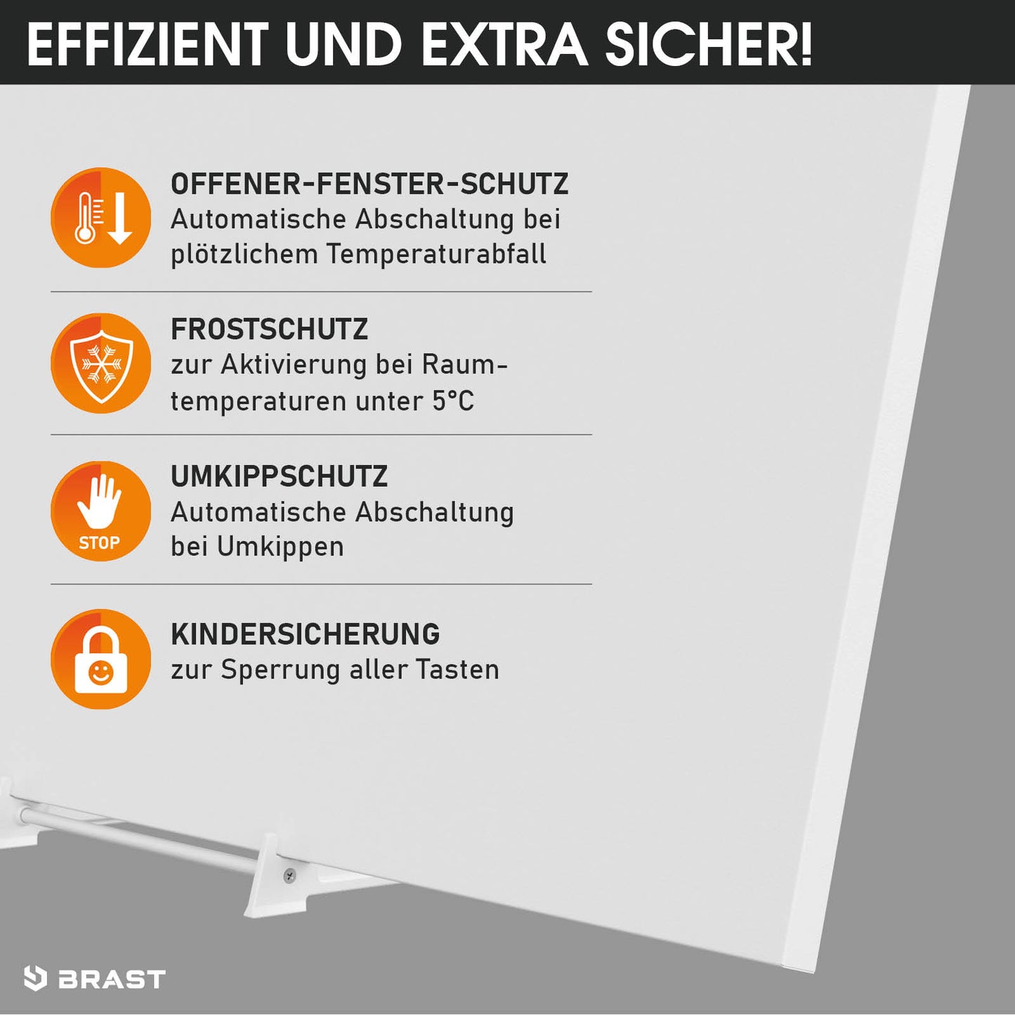 Weißes Infrarotheizung Standgerät mit glatter Front und digitalem Thermostatdisplay.