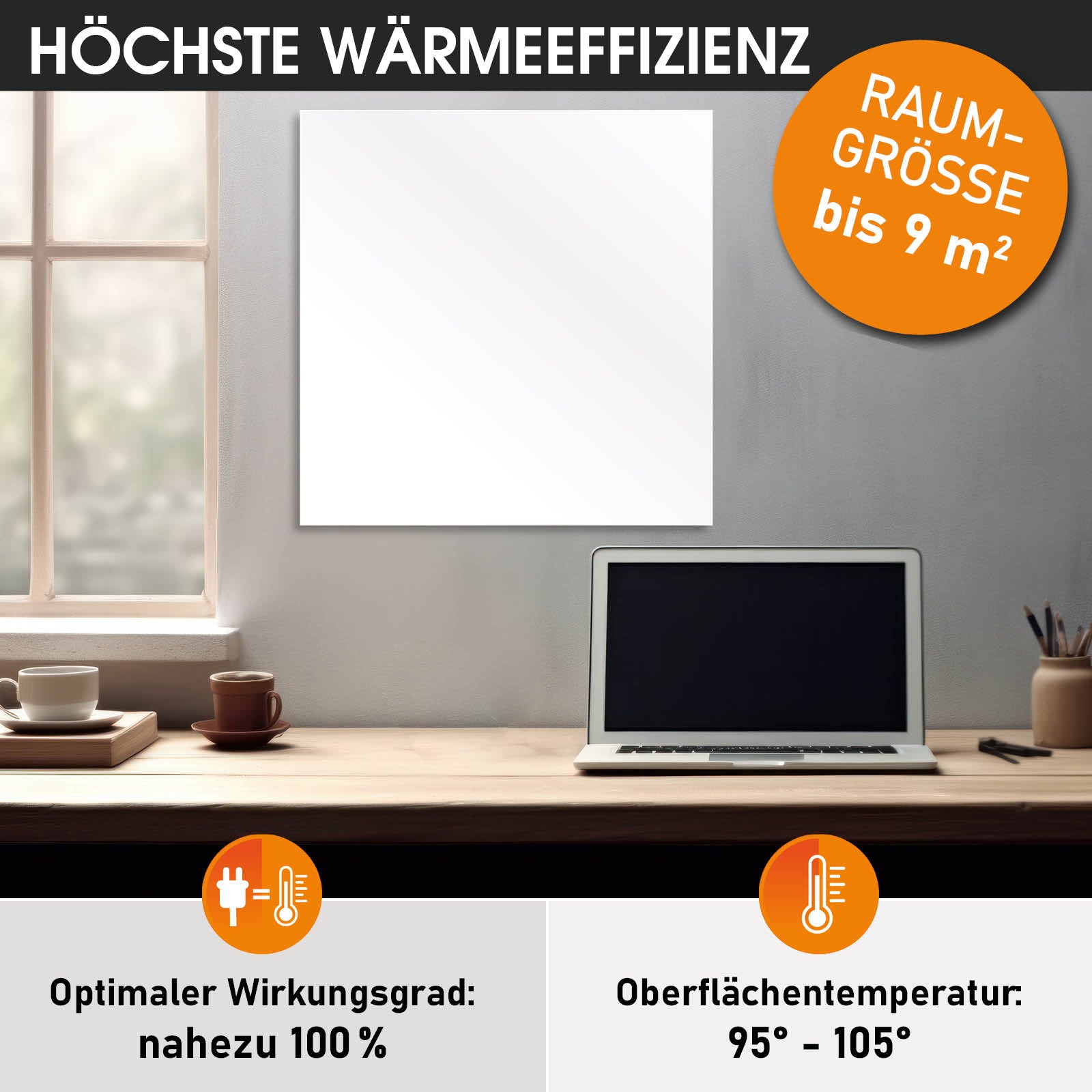 Weißes rechteckiges Infrarotheizungs-Standgerät mit Thermostat an Wand über Schreibtisch mit Laptop.