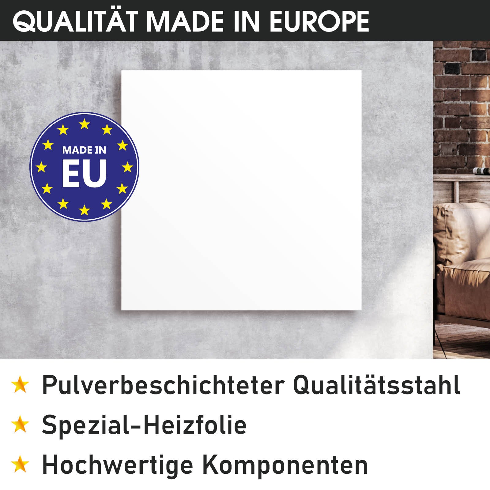 Weiße quadratische Infrarotheizung als Standgerät mit glatter Oberfläche und Thermostat.