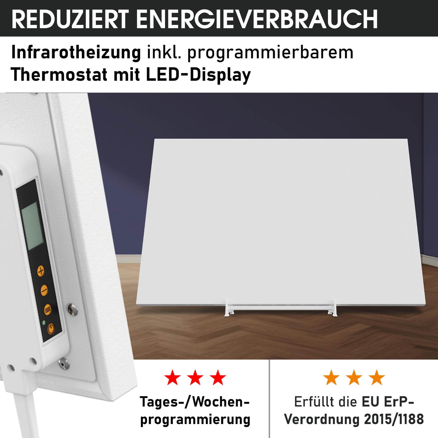 Weißes Infrarotheizgerät Standgerät mit programmierbarem LED-Thermostat auf Holzboden.