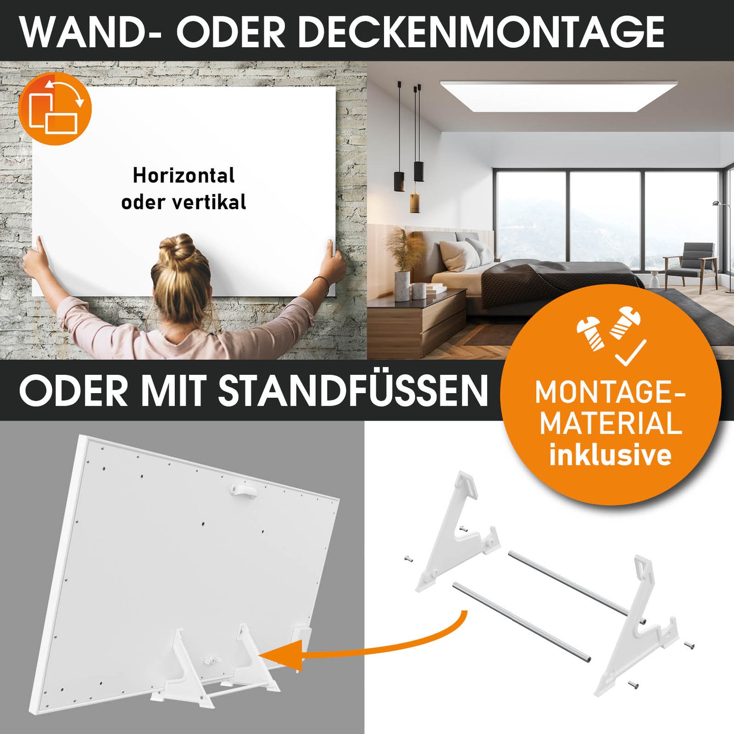 Infrarotheizung Standgerät IP-TH 700 mit weißem Rahmen und montierbaren Standfüßen, Wand- und Deckenmontage möglich.