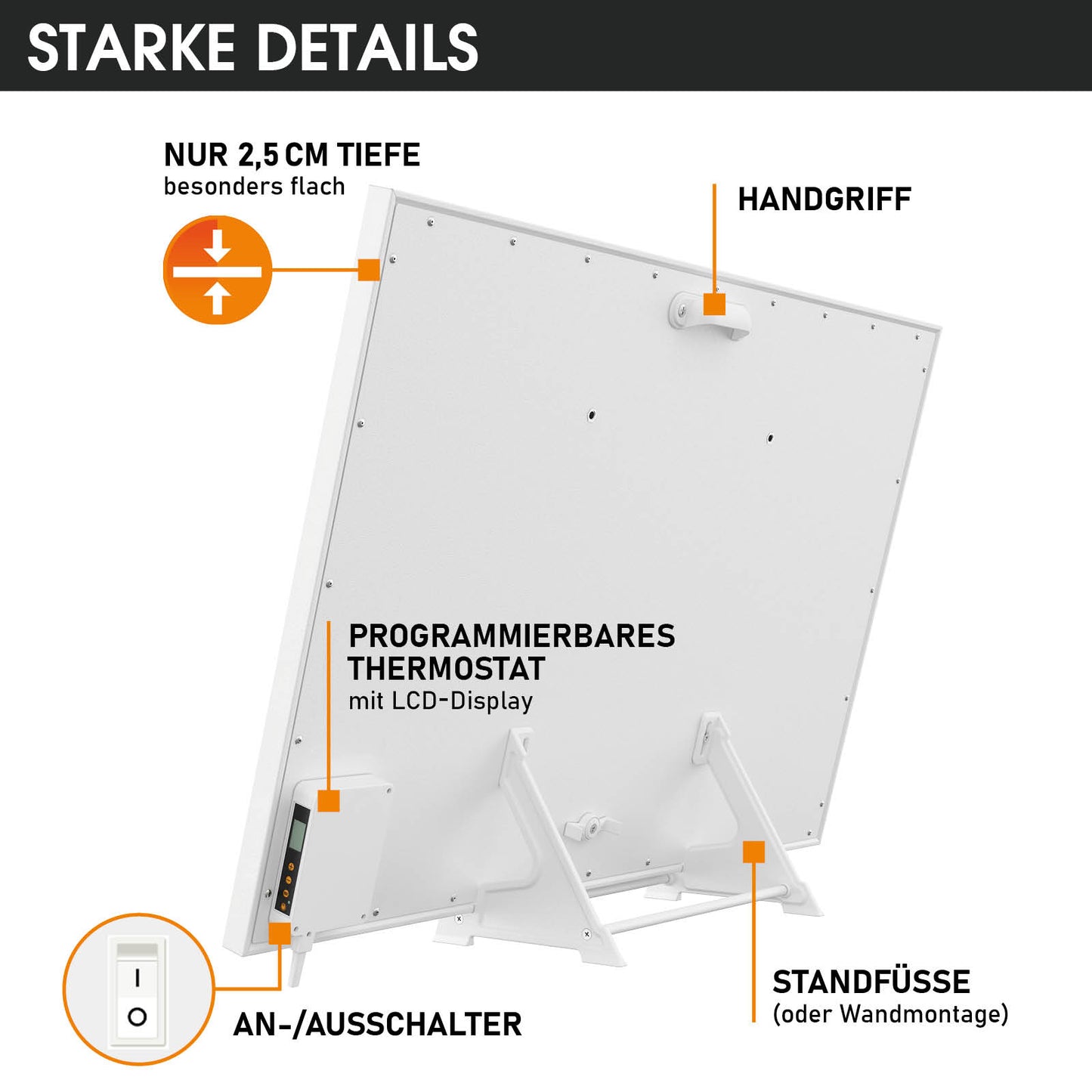Weißes flaches Infrarotheizgerät mit integriertem LCD-Thermostat, Handgriff und Standfüßen.