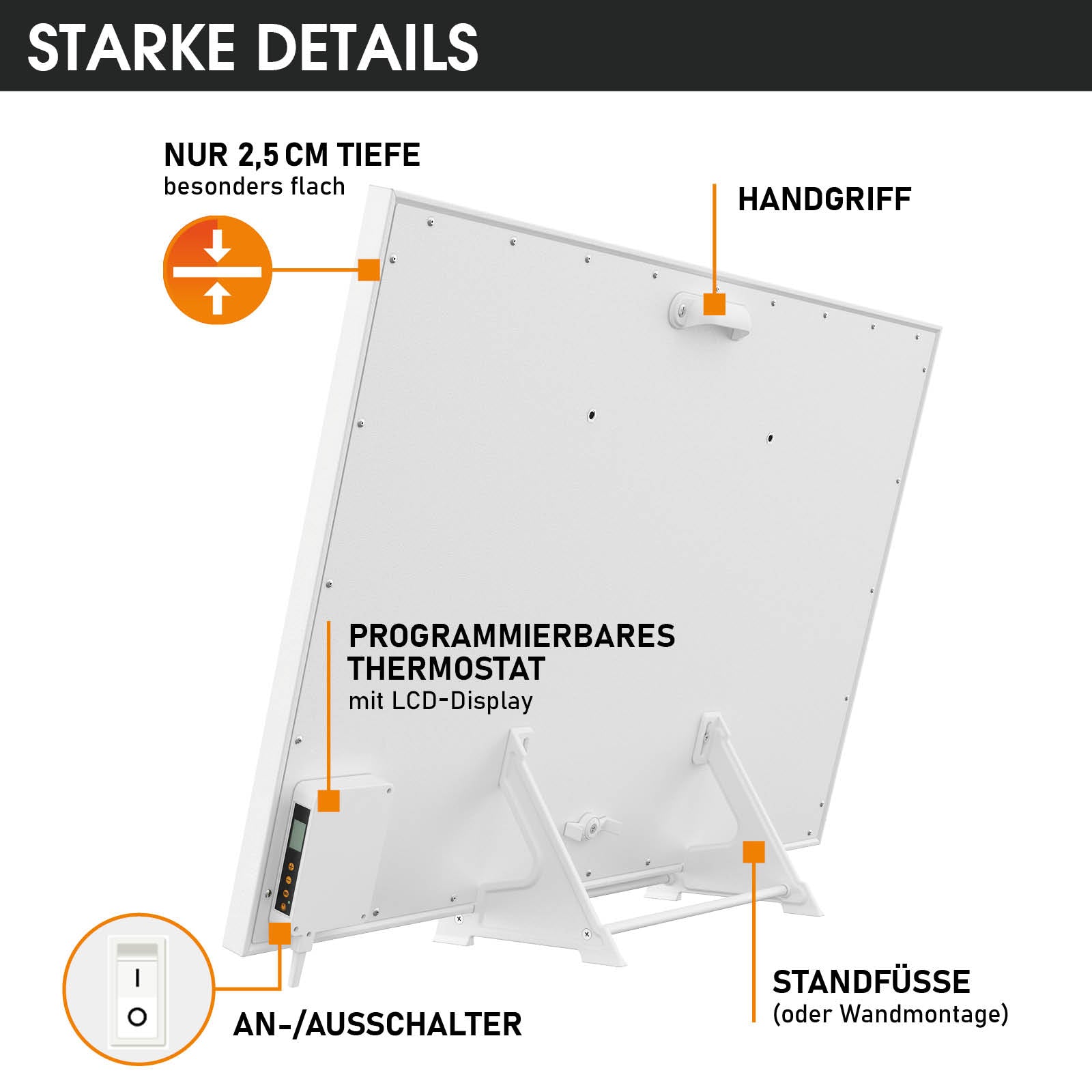 Weißes flaches Infrarotheizgerät mit integriertem LCD-Thermostat, Handgriff und Standfüßen.