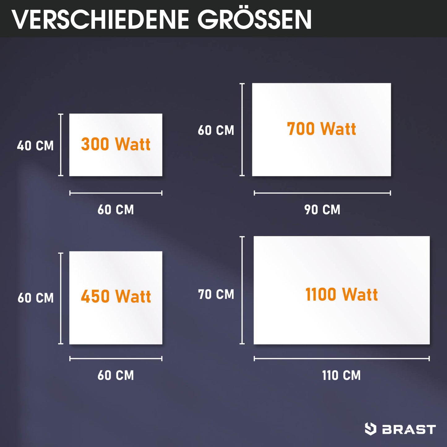 Maße und Wattzahlen von Infrarotheizungen in verschiedenen Größen, weißes Design auf dunklem Hintergrund.