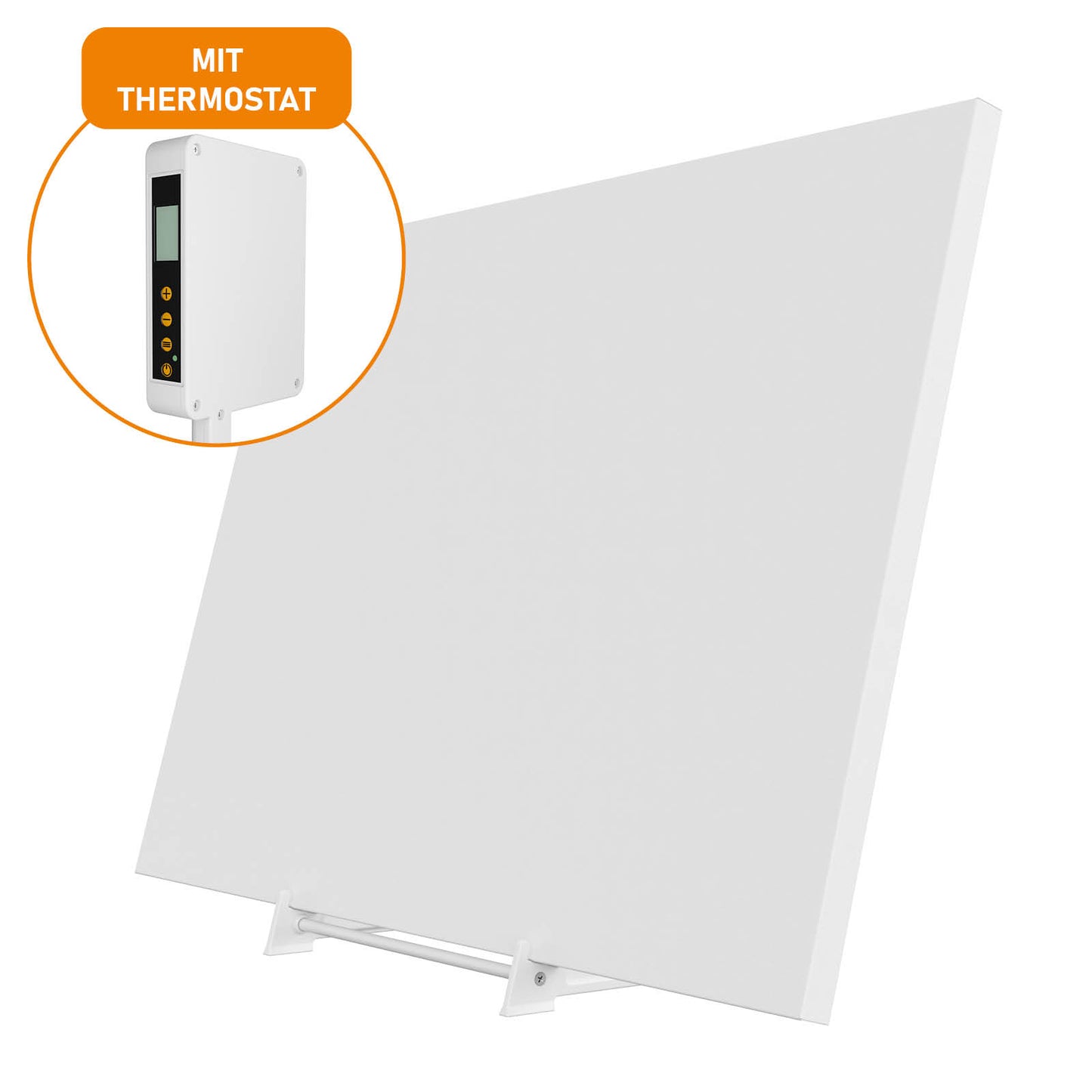 Weiße Infrarotheizung Standgerät mit schmalem Design und digitalem Thermostatdisplay.
